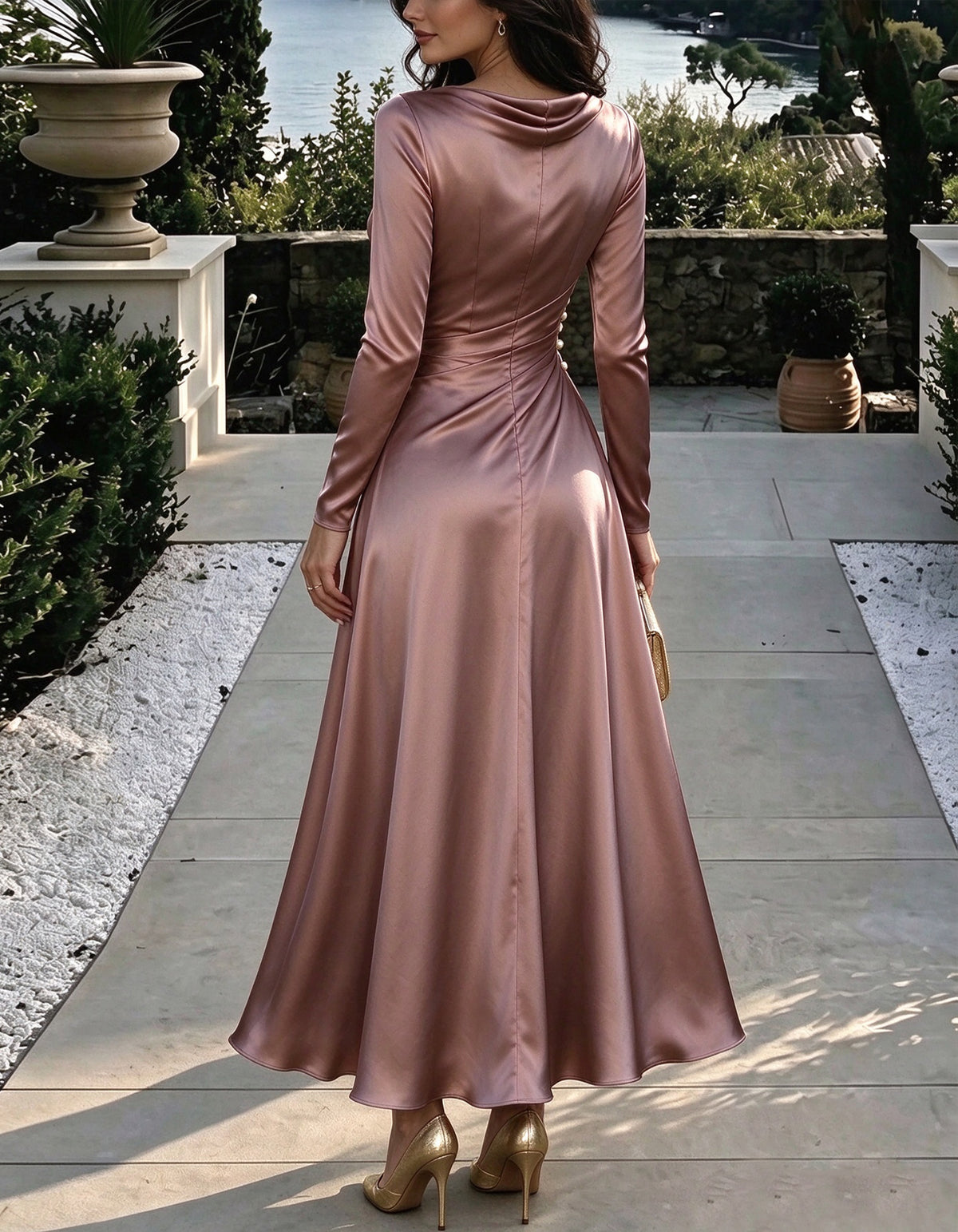 Dusty Pink Satin With A Draped Neckline Maxi Dress