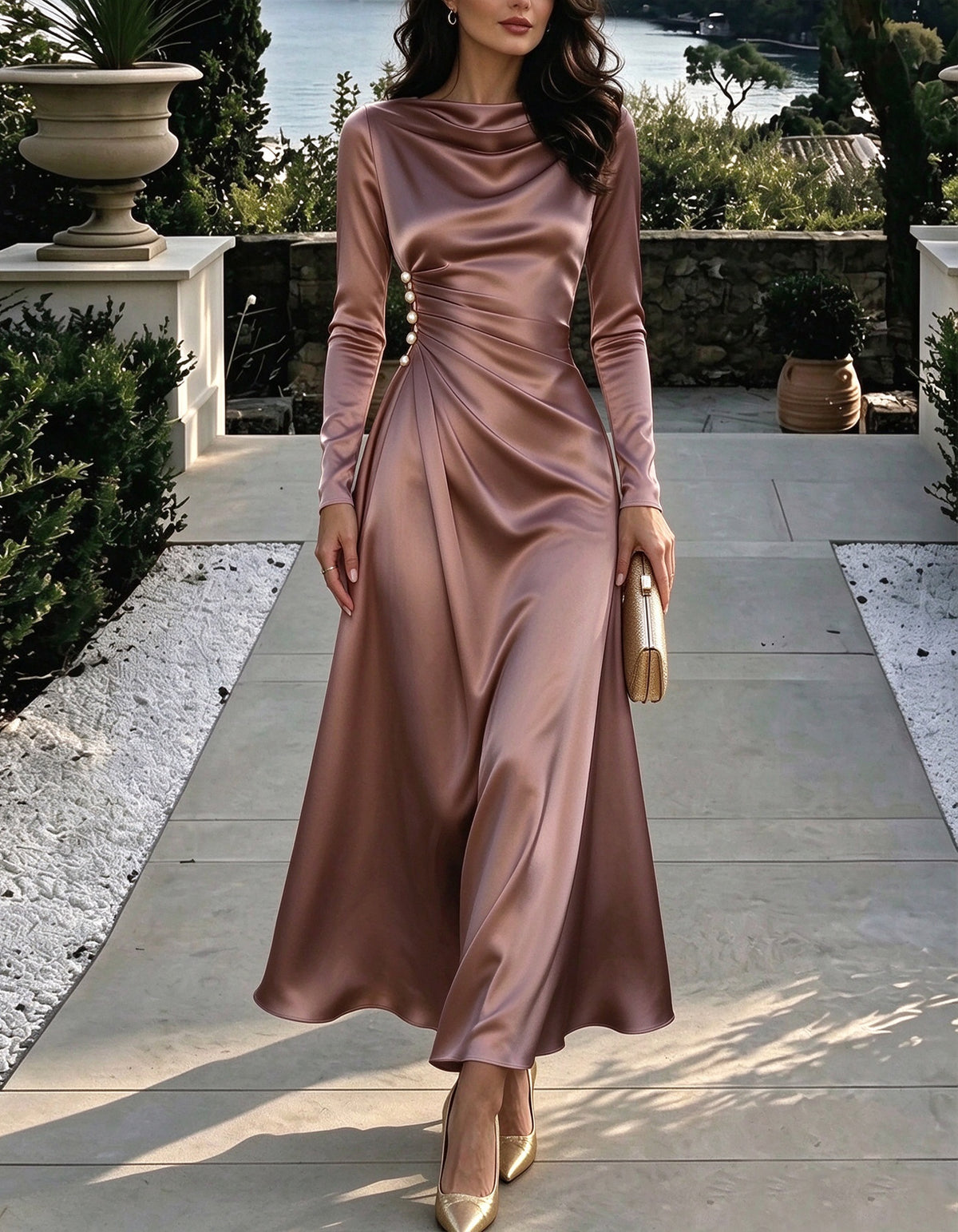 Dusty Pink Satin With A Draped Neckline Maxi Dress