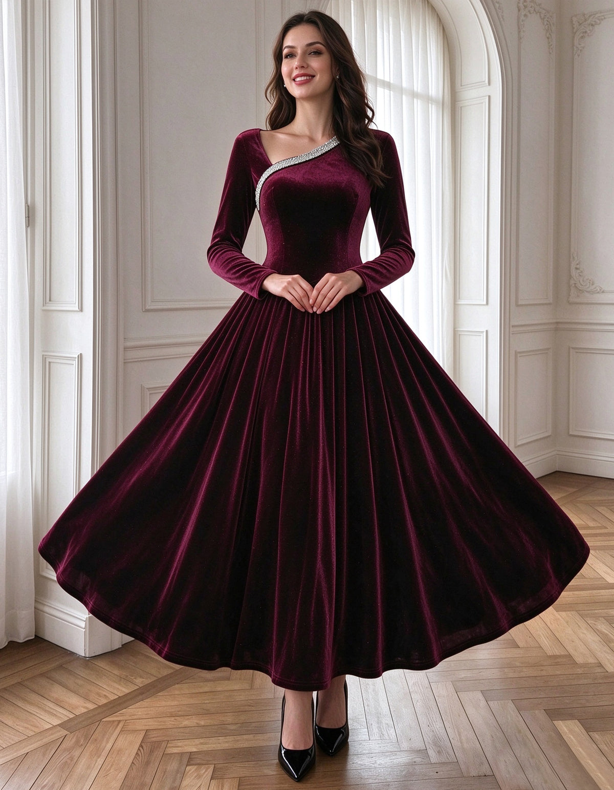 Burgundy Velvet Midi Dress