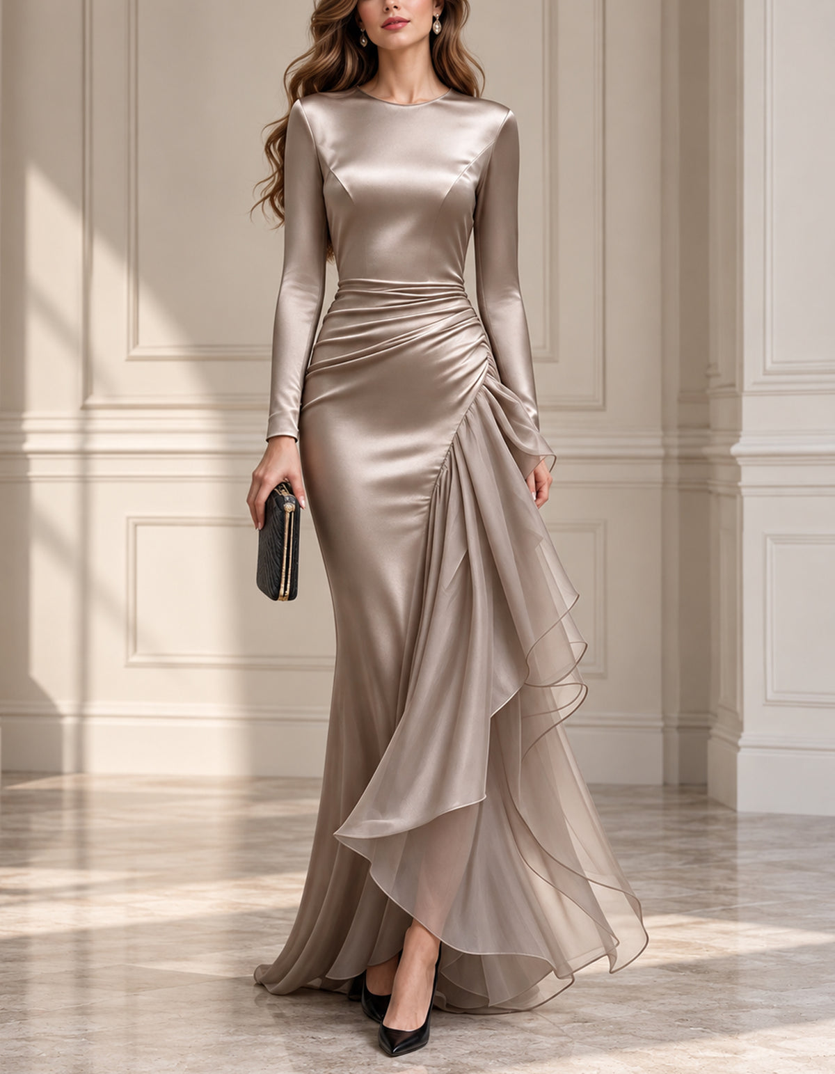 Brown Round Neck Long Sleeve Satin Pleated Maxi Dress