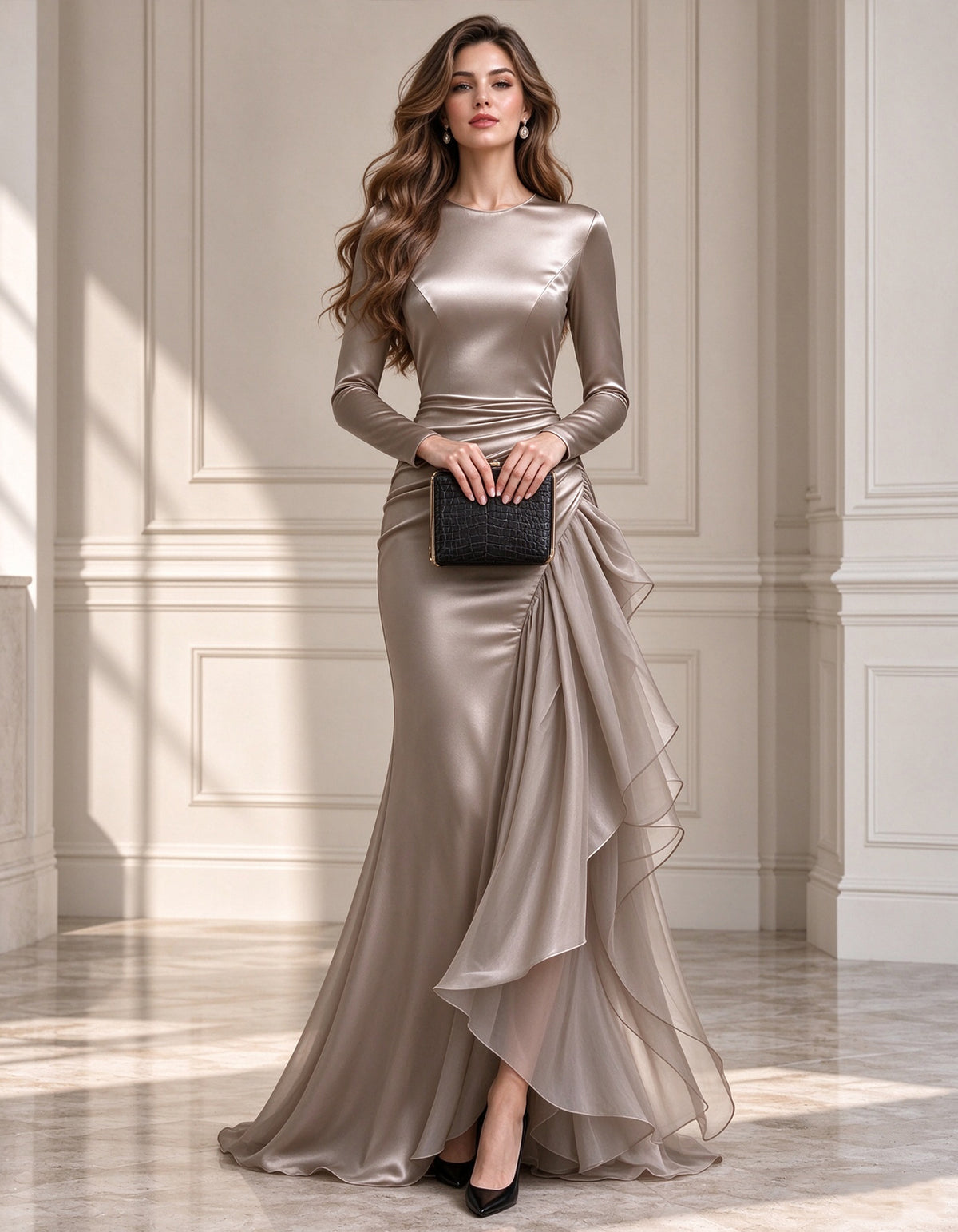 Brown Round Neck Long Sleeve Satin Pleated Maxi Dress