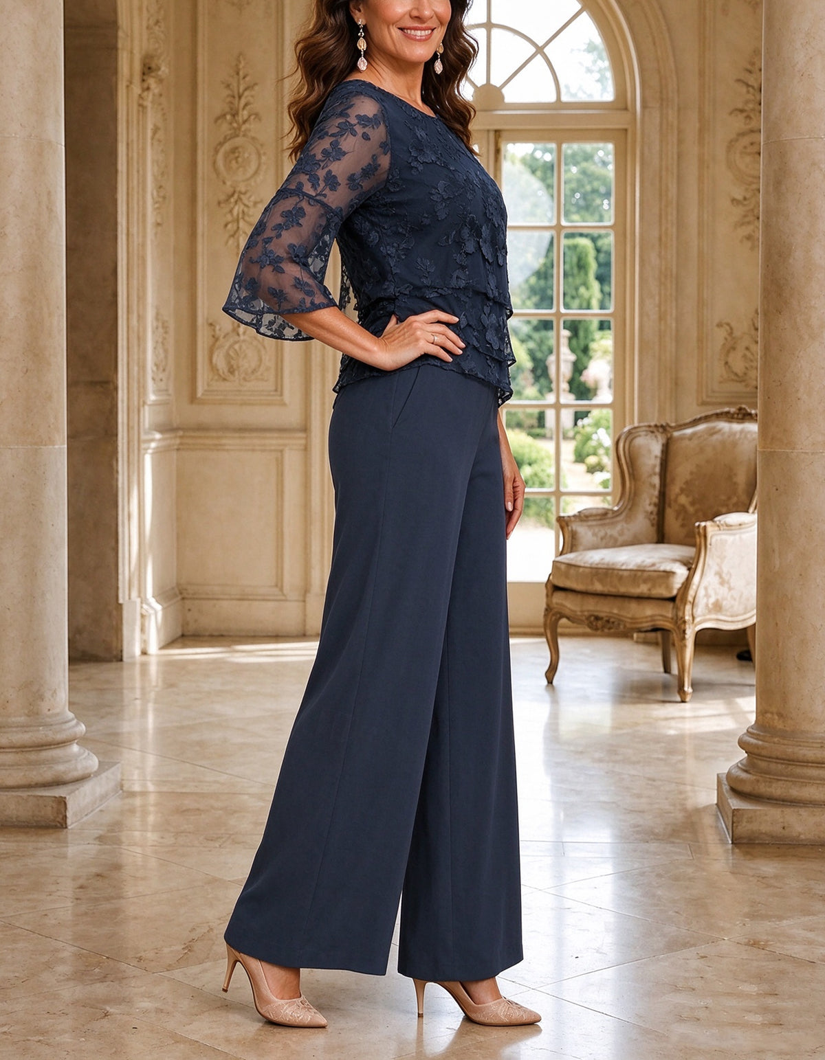 Navy Blue Lace And Chiffon Jumpsuit