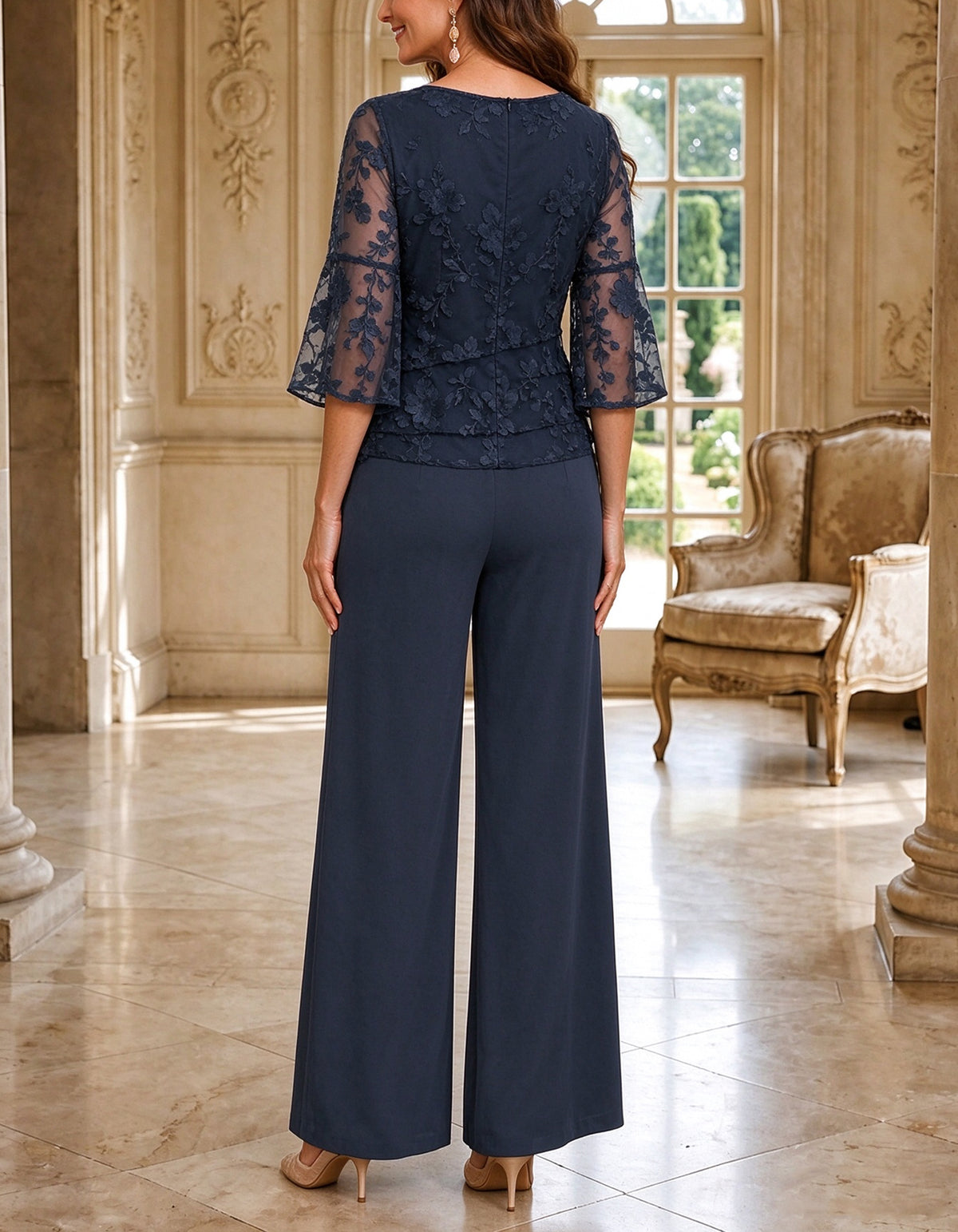 Navy Blue Lace And Chiffon Jumpsuit
