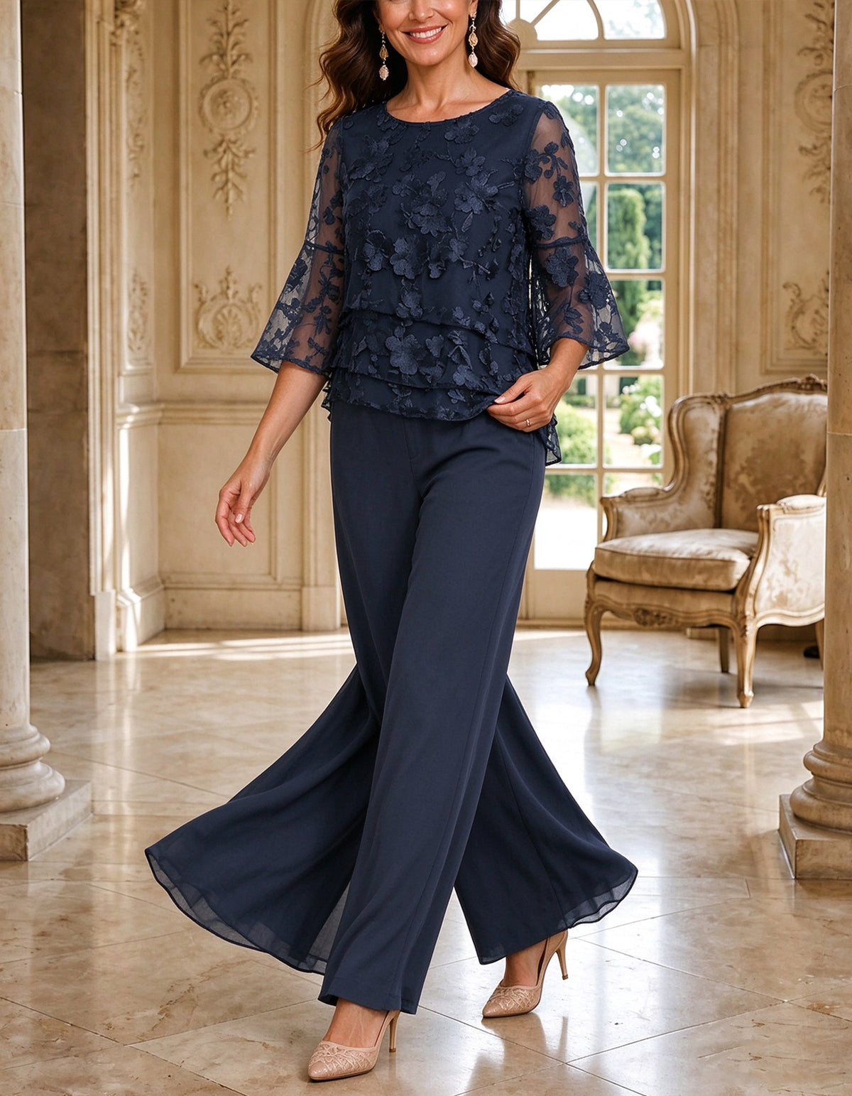 Navy Blue Lace And Chiffon Jumpsuit