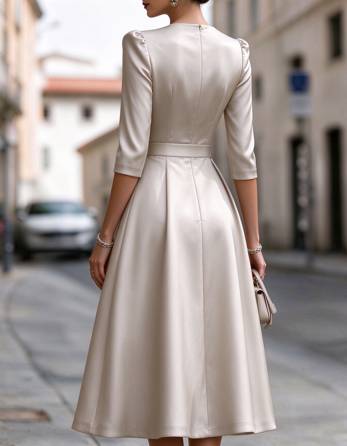 Satin Notch V Neck 3/4 Sleeve Belted Midi Dress