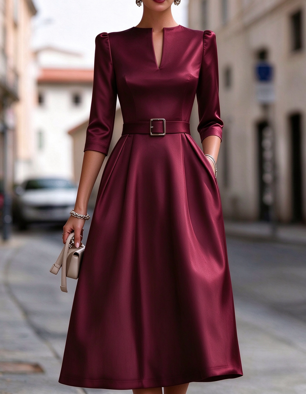 Satin Notch V Neck 3/4 Sleeve Belted Midi Dress