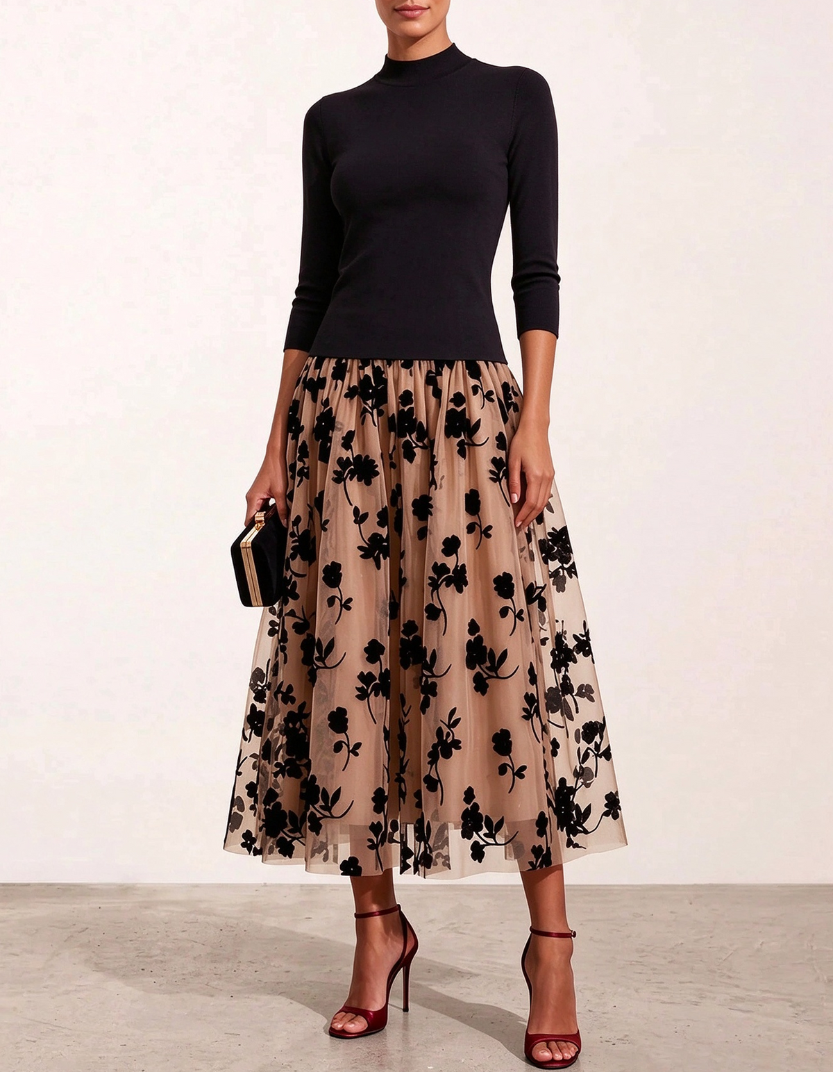 High Neck 3/4 Sleeve Floral Tulle Midi Dress