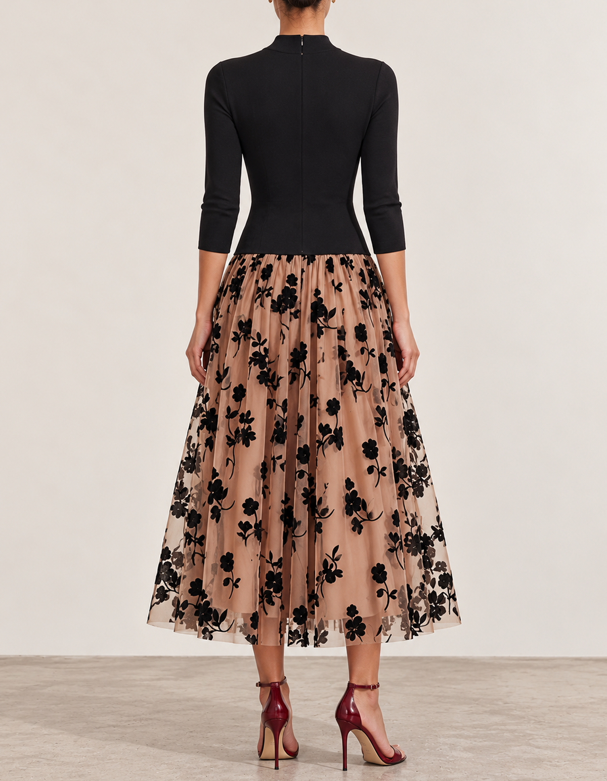 High Neck 3/4 Sleeve Floral Tulle Midi Dress