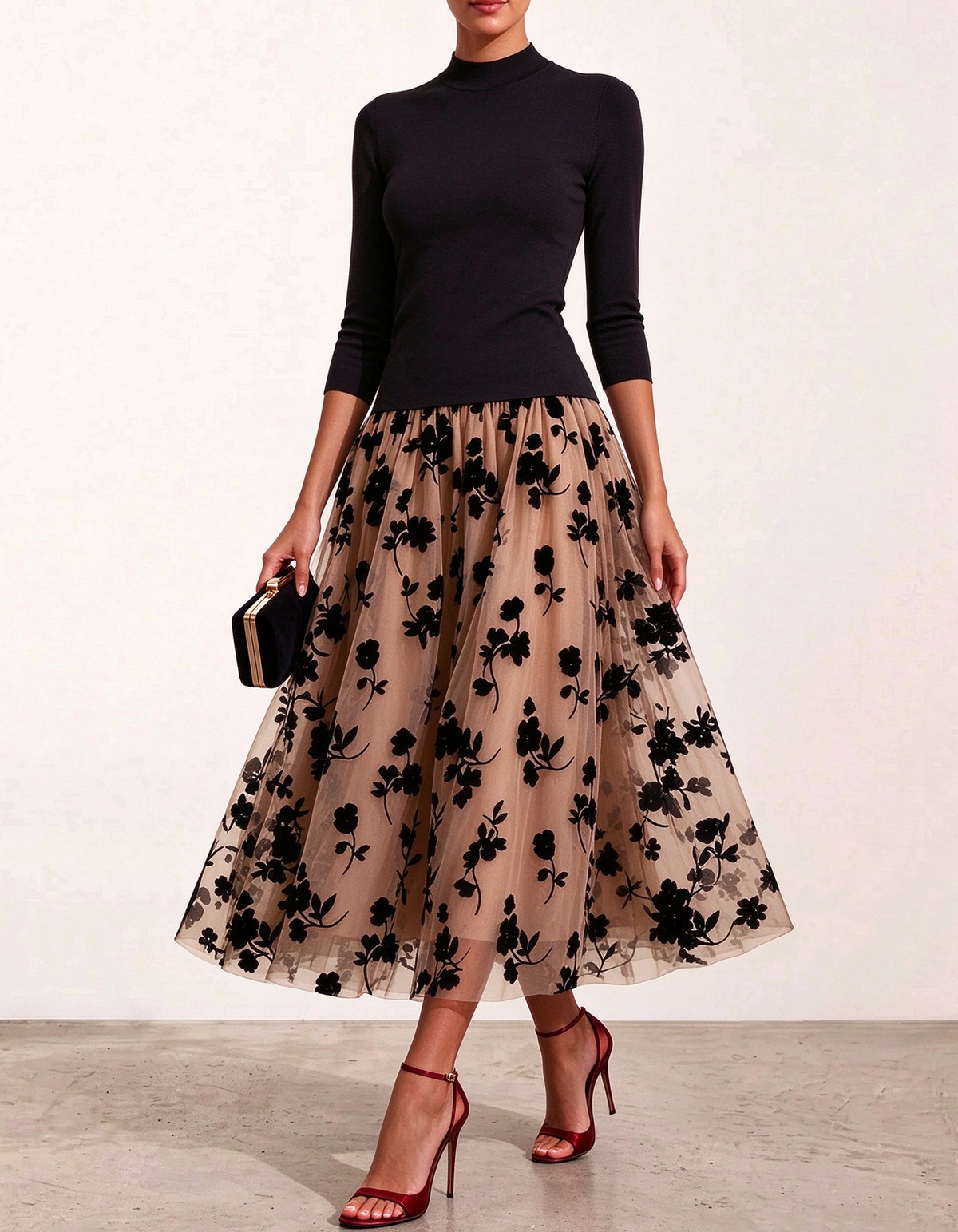 High Neck 3/4 Sleeve Floral Tulle Midi Dress