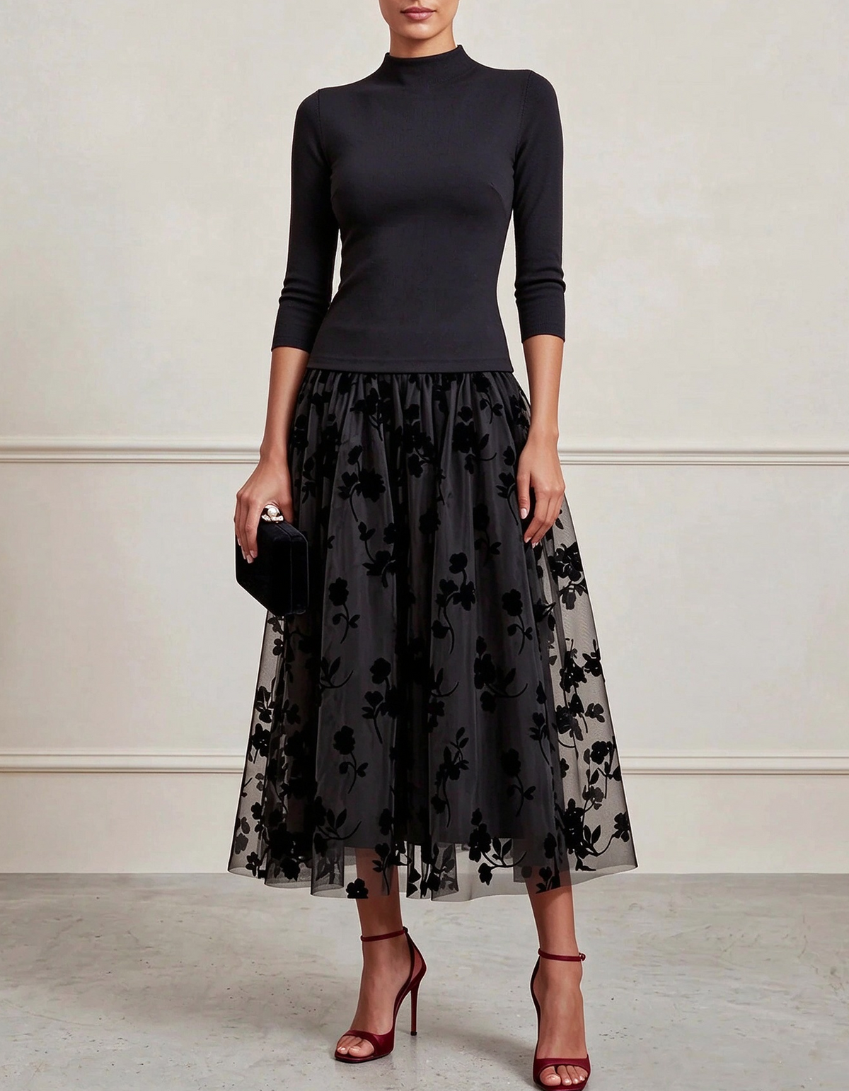 High Neck 3/4 Sleeve Floral Tulle Midi Dress