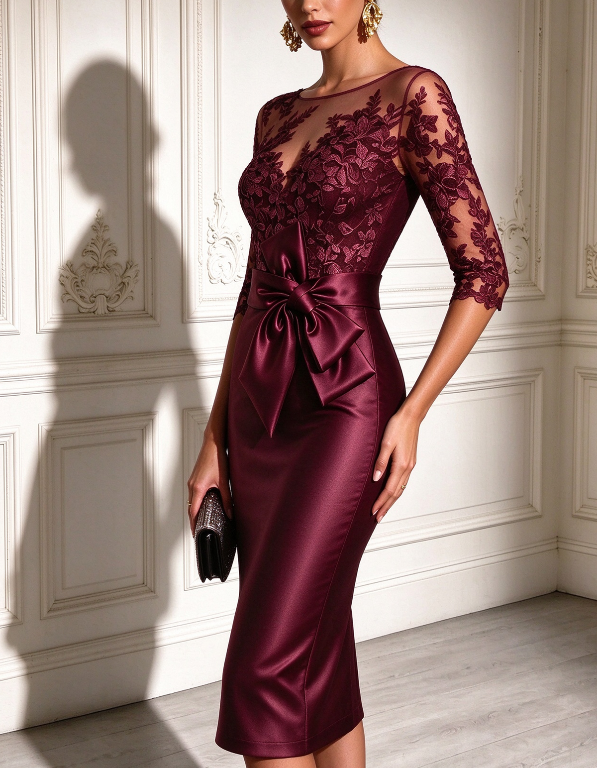 Boat Neck Lace & Satin Bow Waist Midi Dress