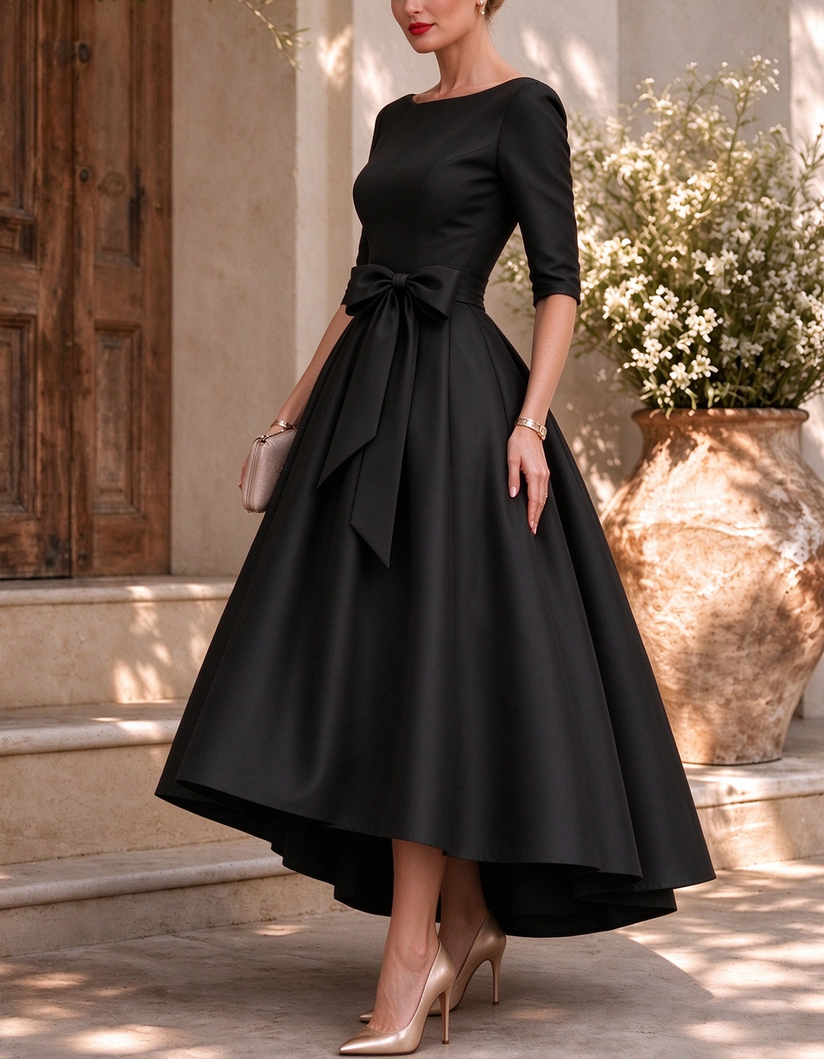 Boat Neck 3/4 Sleeve Satin A-Line Midi Dress