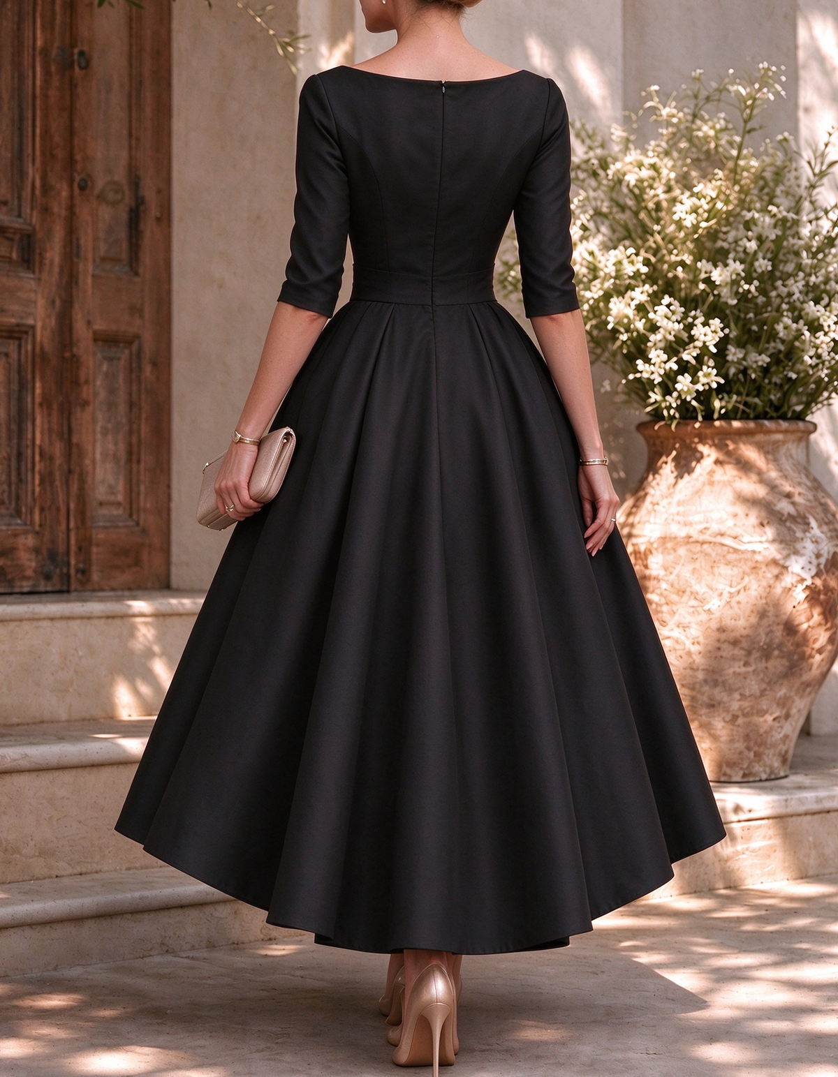 Boat Neck 3/4 Sleeve Satin A-Line Midi Dress