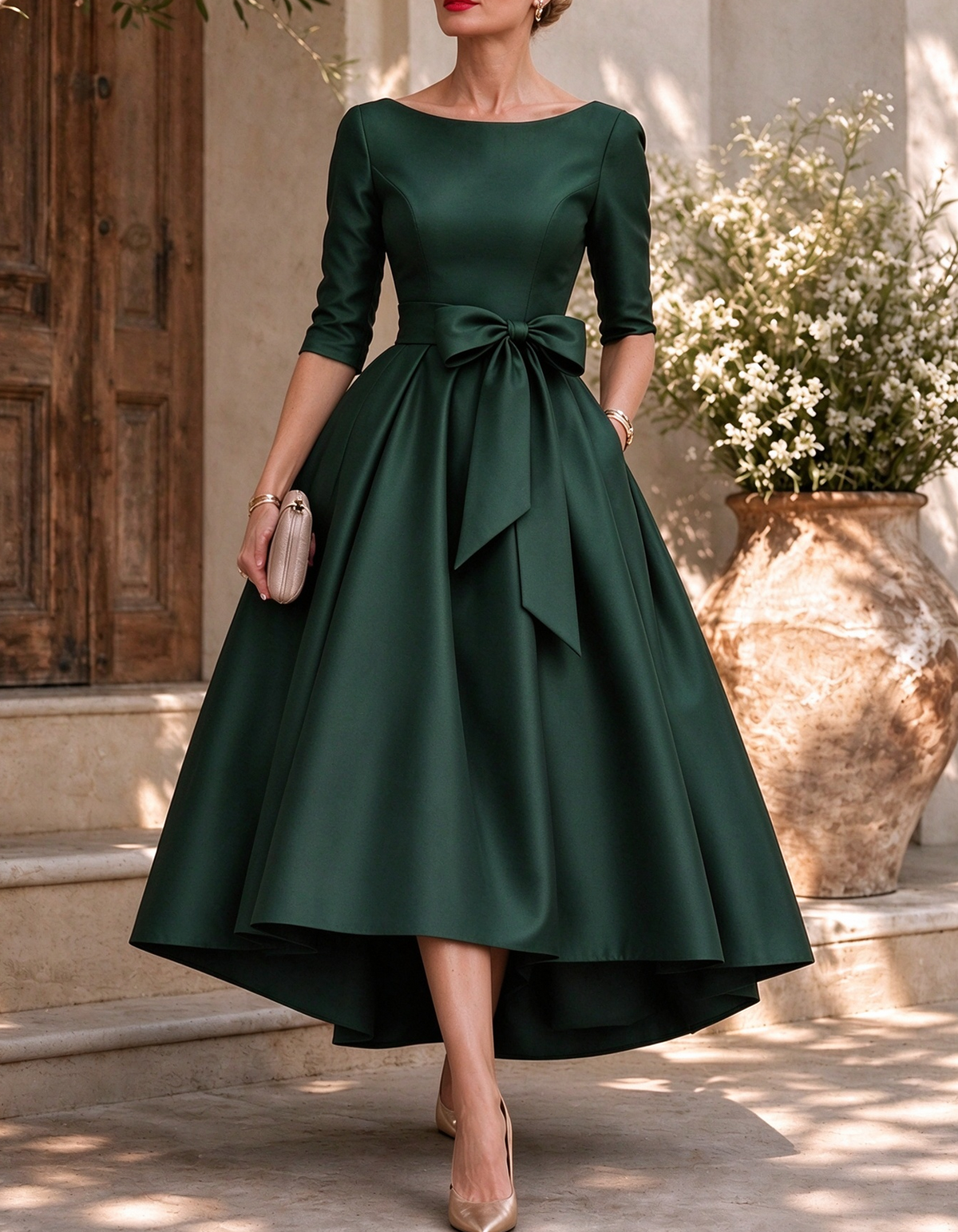 Boat Neck 3/4 Sleeve Satin A-Line Midi Dress