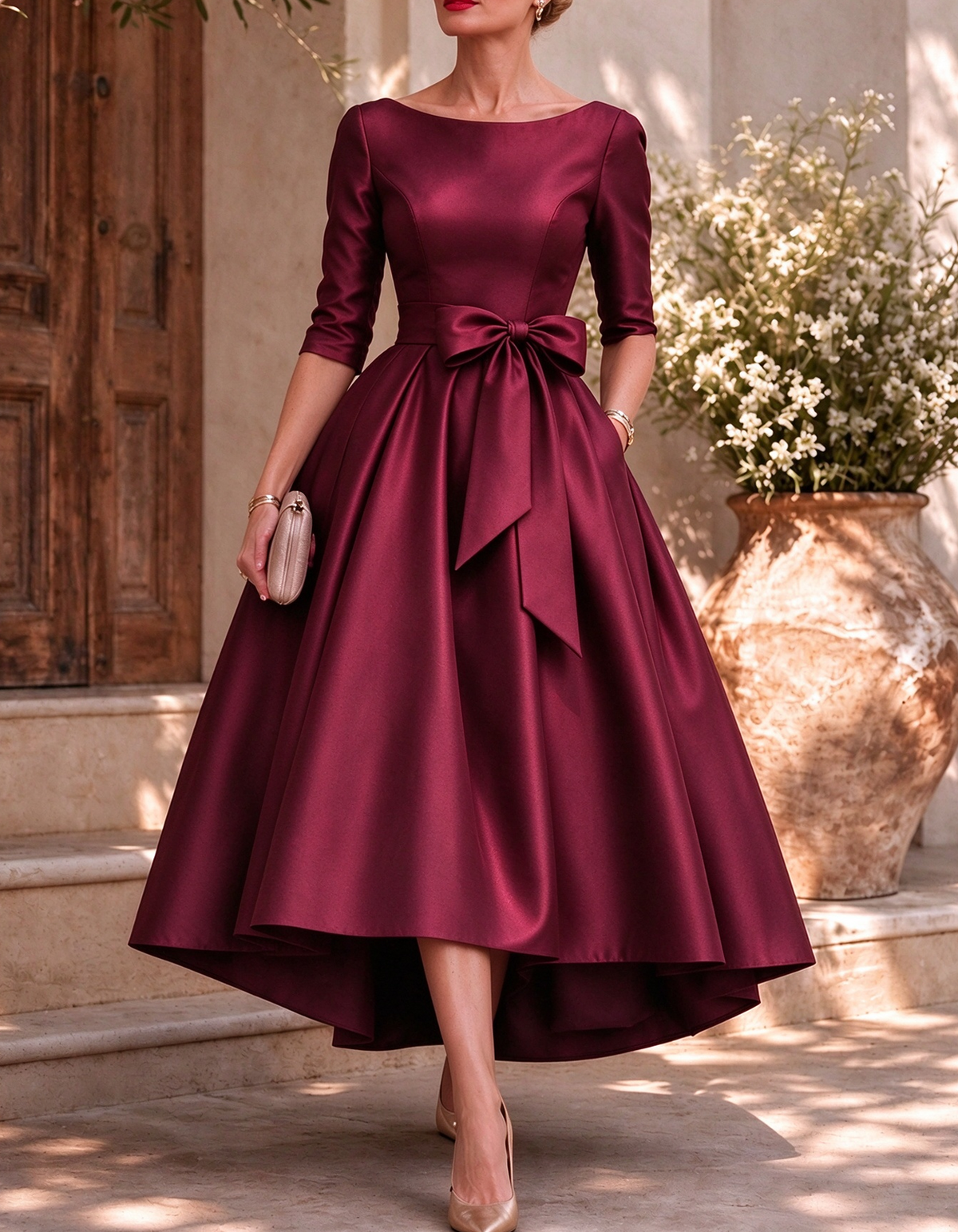 Boat Neck 3/4 Sleeve Satin A-Line Midi Dress