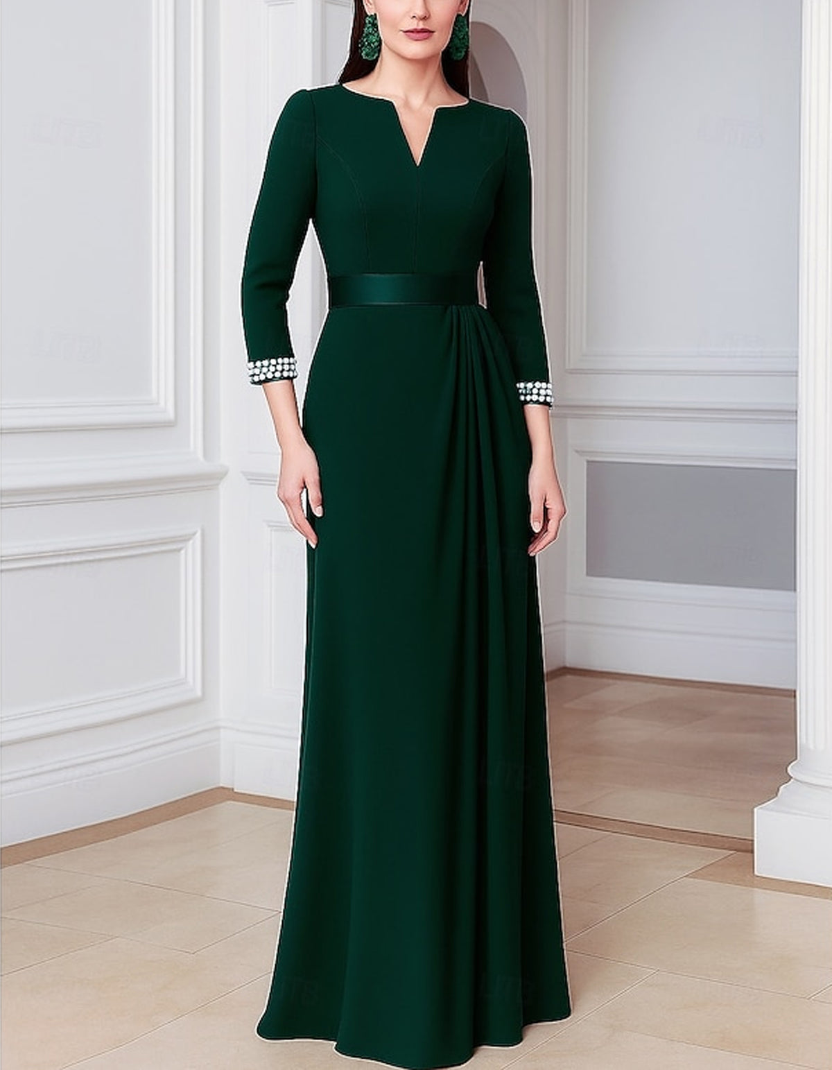 Solid Color V-Neck Three Quarter Sleeve Maxi Dress
