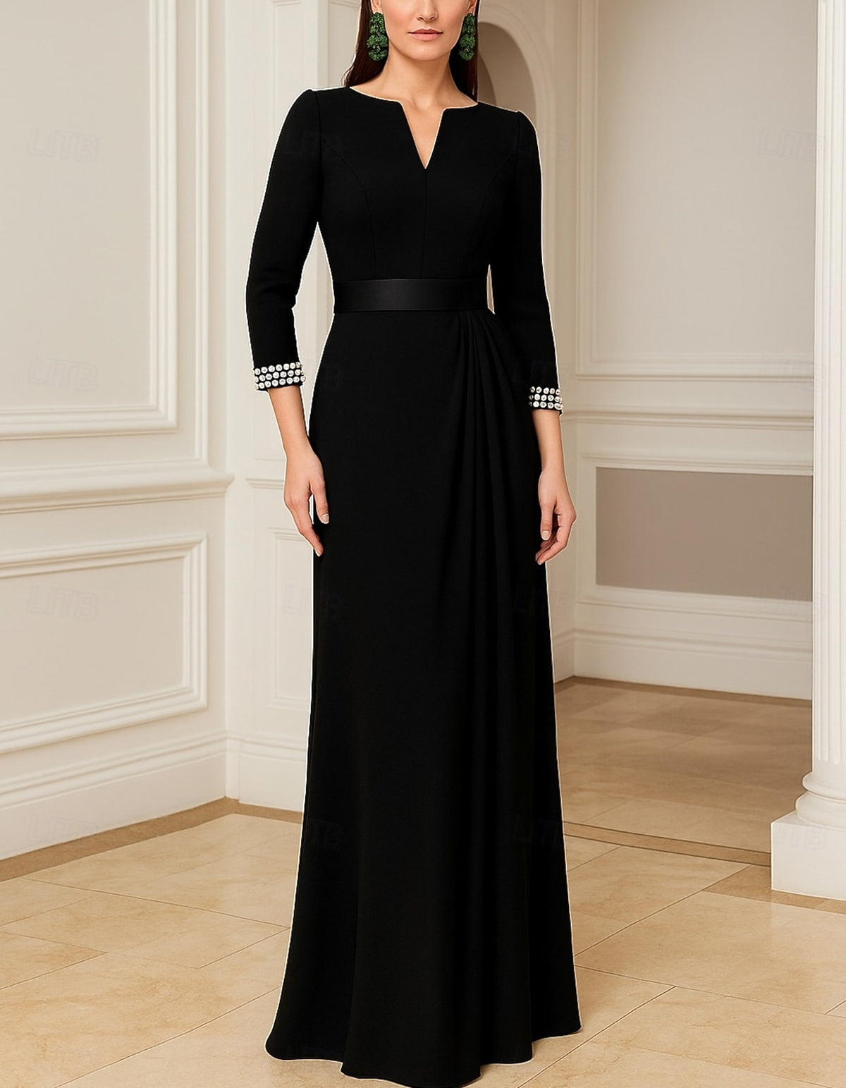 Solid Color V-Neck Three Quarter Sleeve Maxi Dress