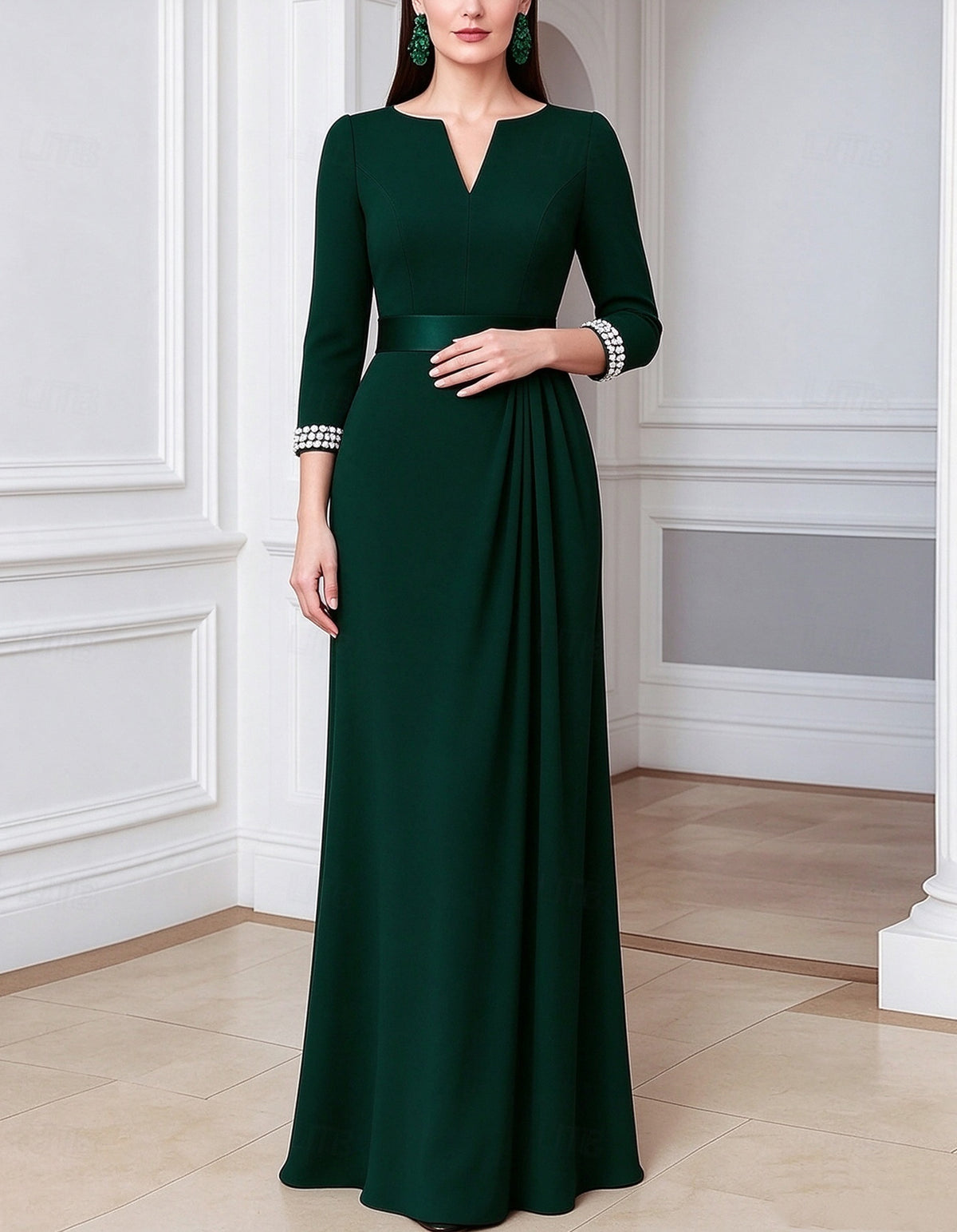Solid Color V-Neck Three Quarter Sleeve Maxi Dress