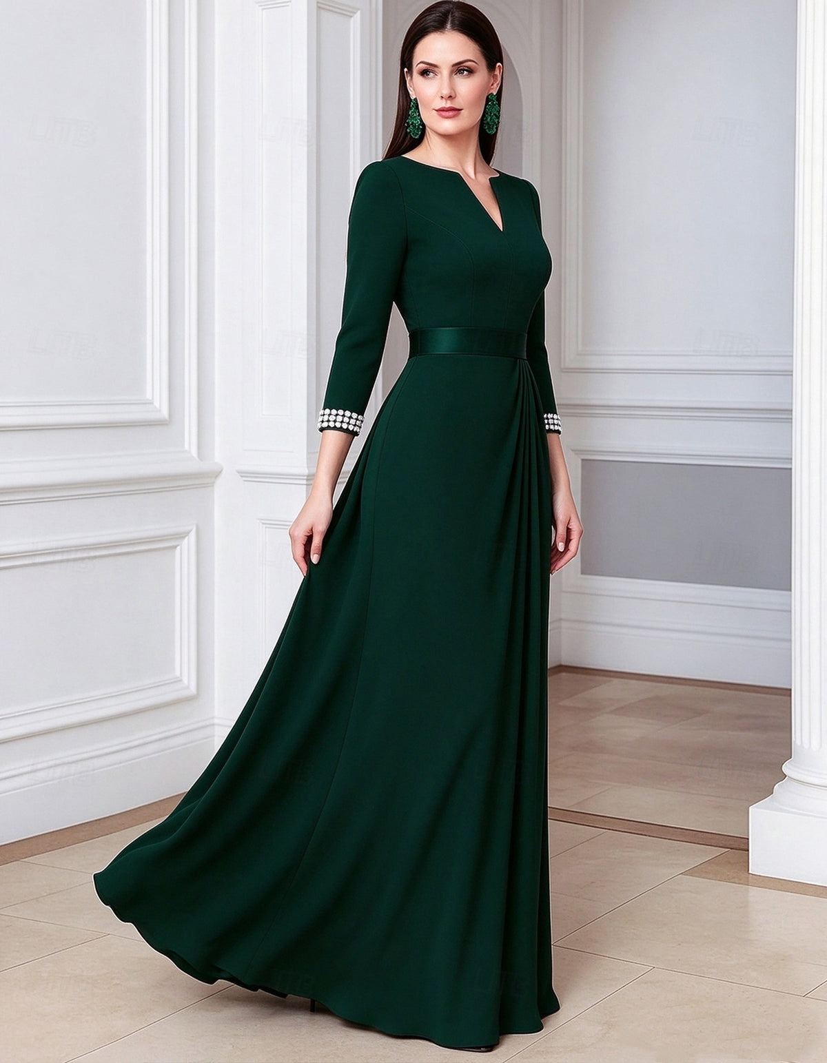 Solid Color V-Neck Three Quarter Sleeve Maxi Dress