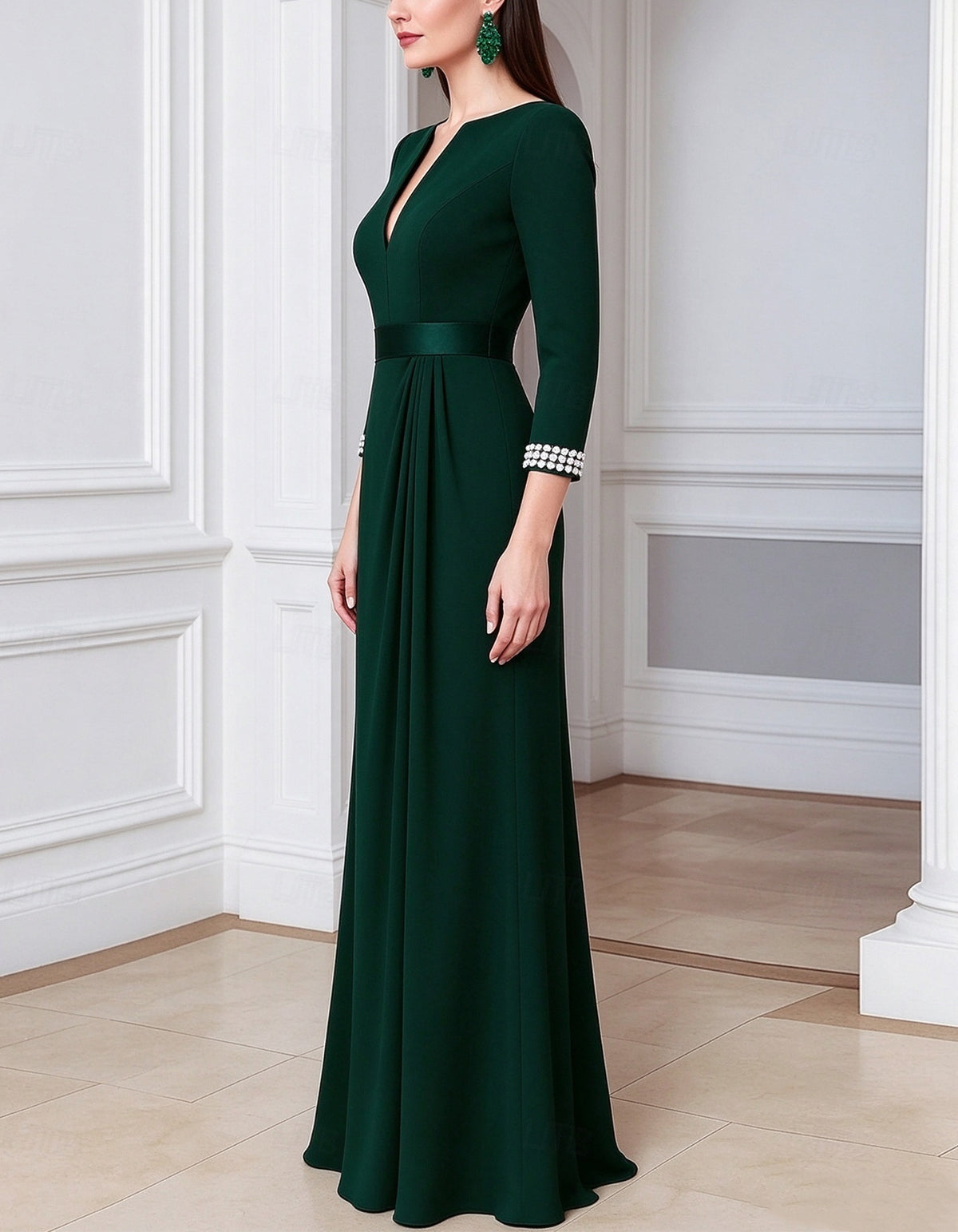 Solid Color V-Neck Three Quarter Sleeve Maxi Dress