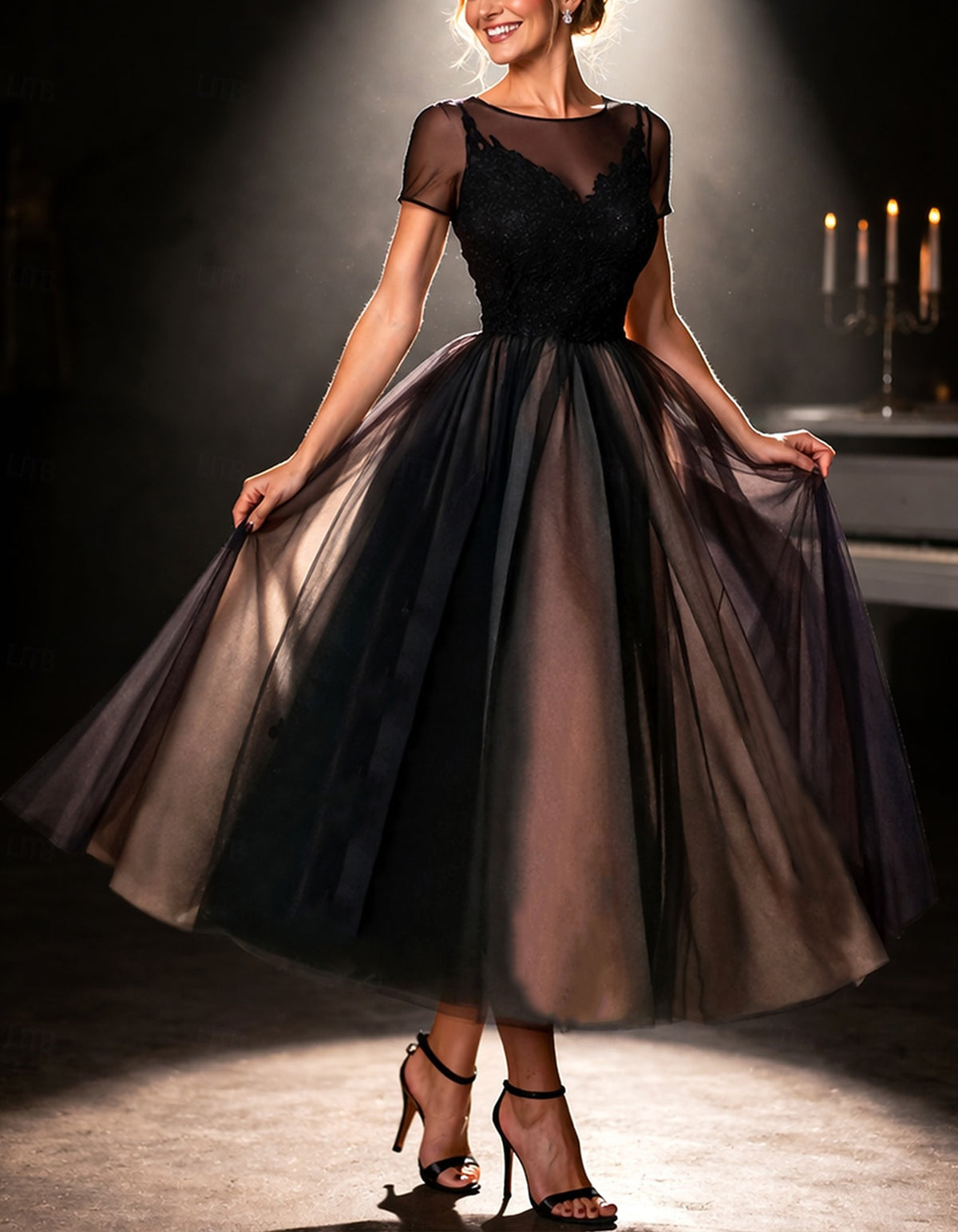 Black Sheer Short Sleeved Midi Dress