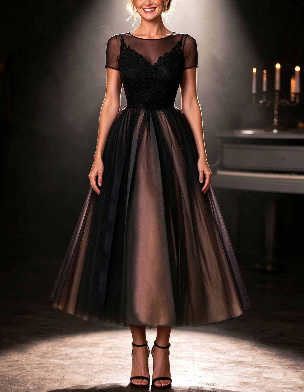 Black Sheer Short Sleeved Midi Dress