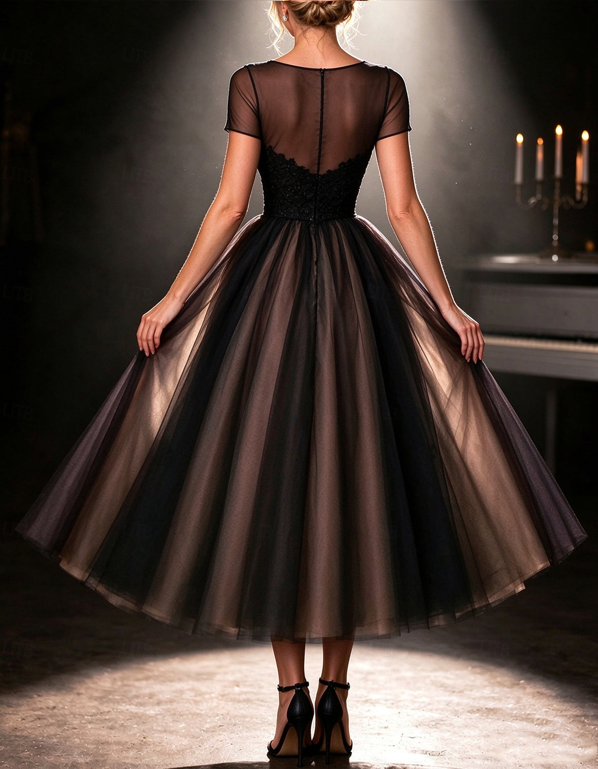 Black Sheer Short Sleeved Midi Dress