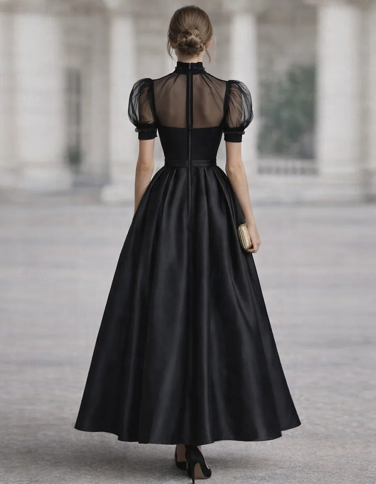 Solid Color Satin And Sheer Mesh Paneling Midi Dress
