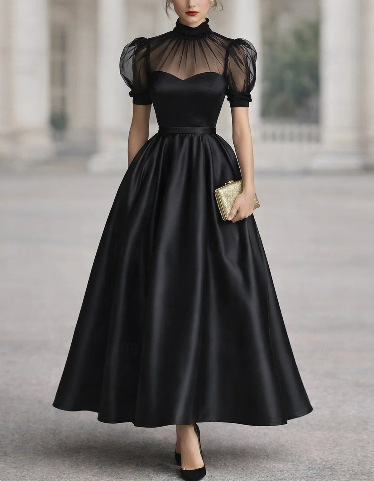 Solid Color Satin And Sheer Mesh Paneling Midi Dress