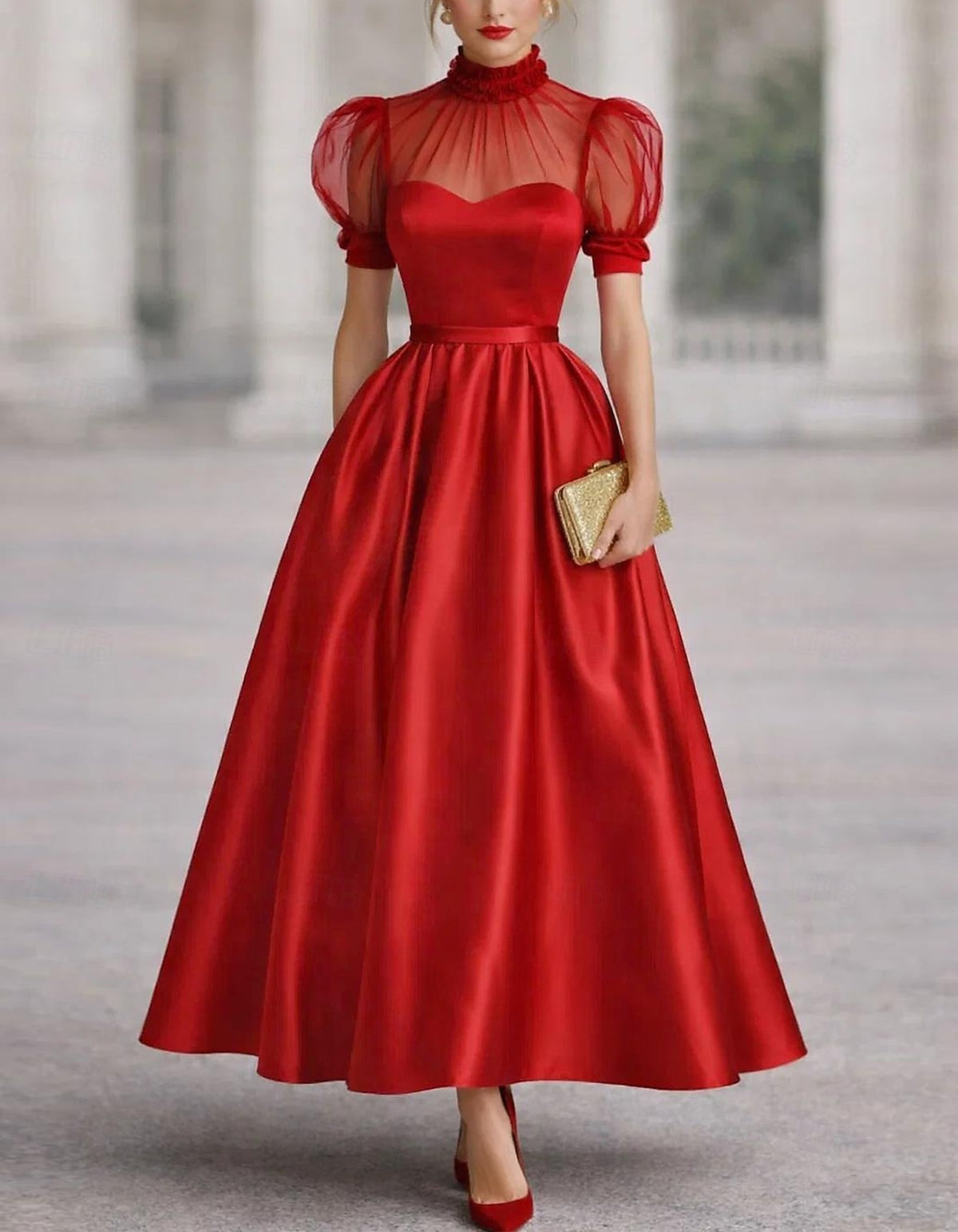 Solid Color Satin And Sheer Mesh Paneling Midi Dress