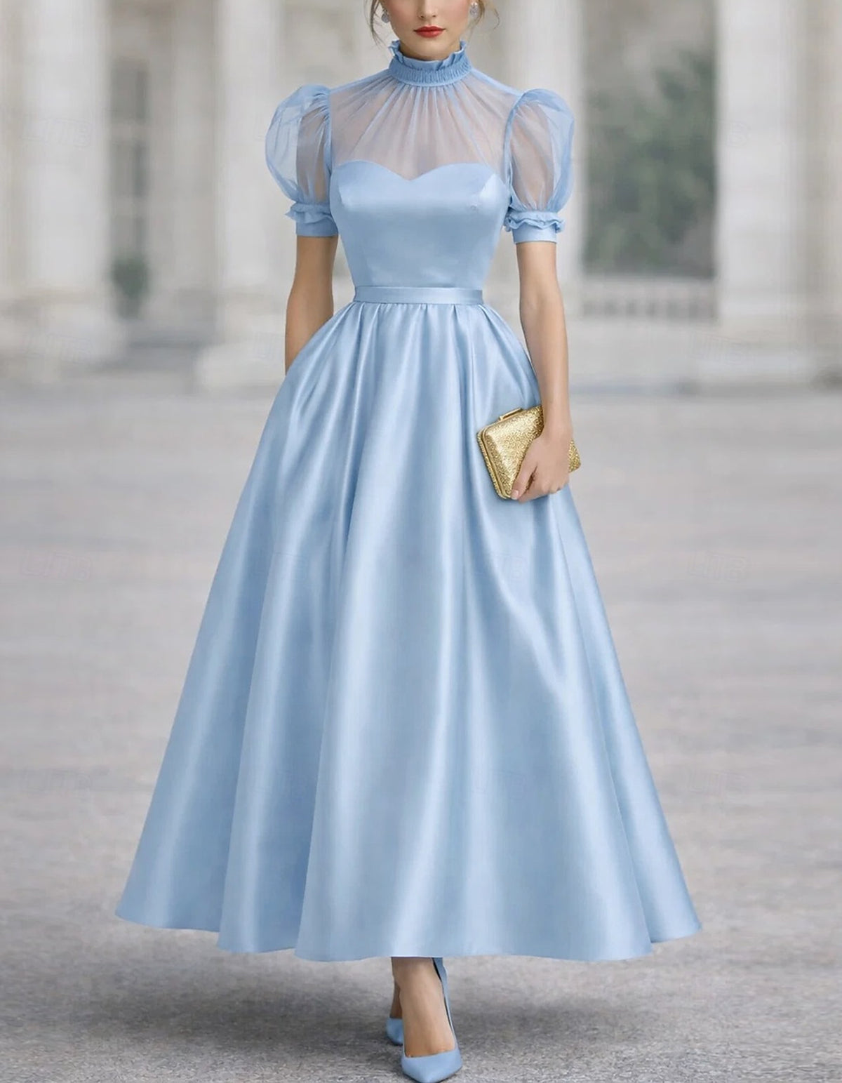 Solid Color Satin And Sheer Mesh Paneling Midi Dress