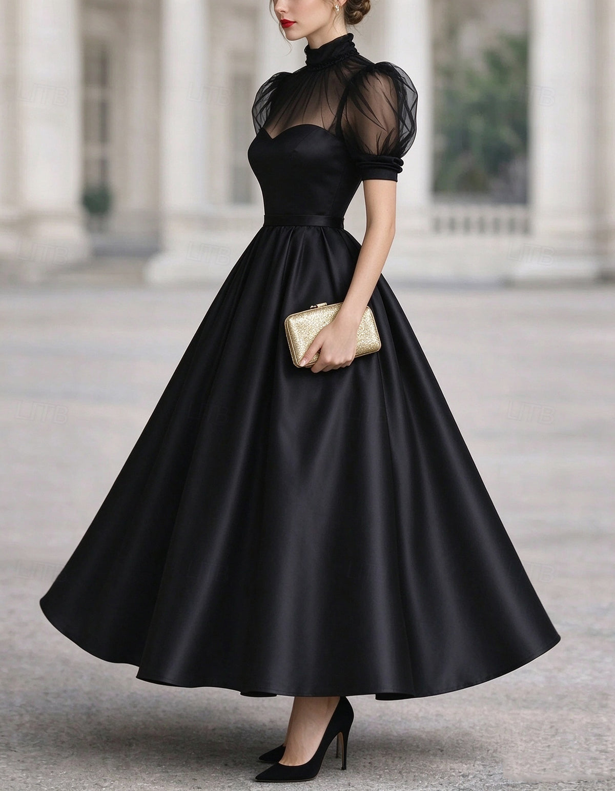 Solid Color Satin And Sheer Mesh Paneling Midi Dress