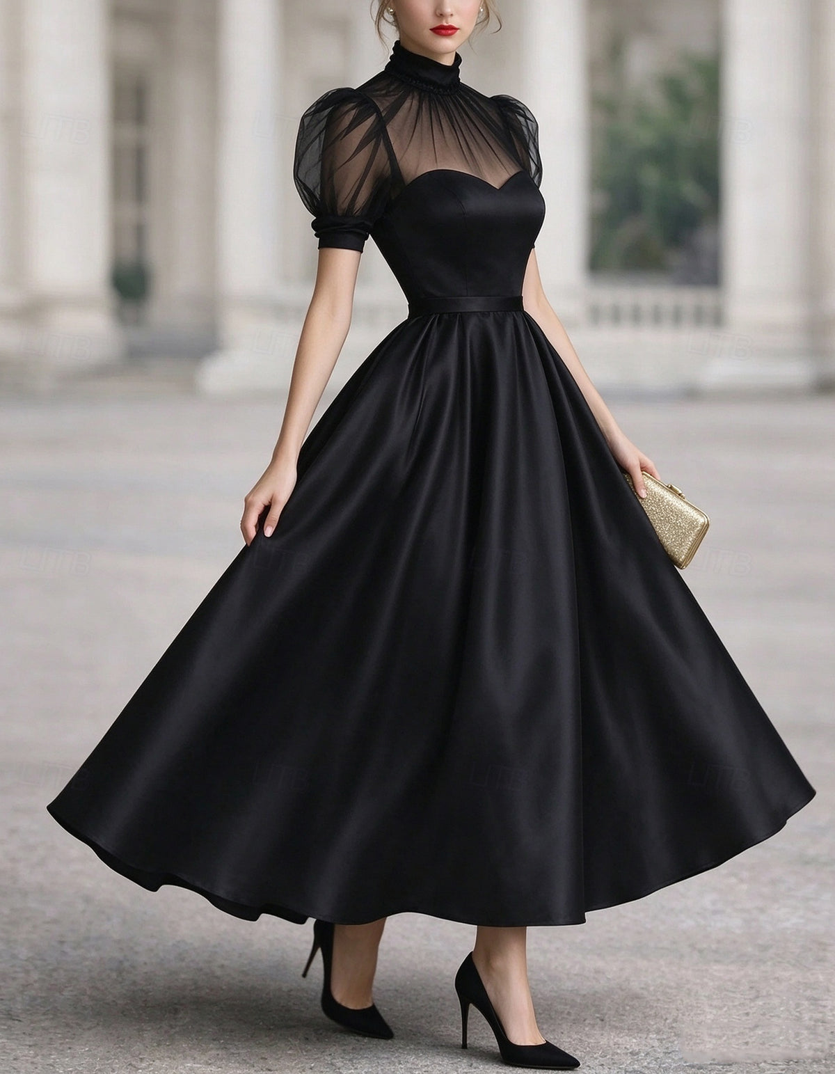 Solid Color Satin And Sheer Mesh Paneling Midi Dress
