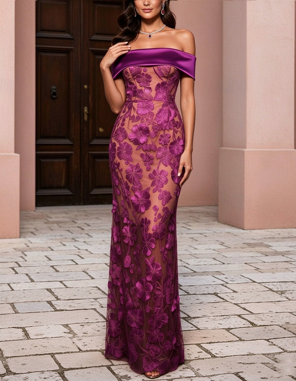 Solid Color Off Shoulder Lace Mesh Design Maxi Dress