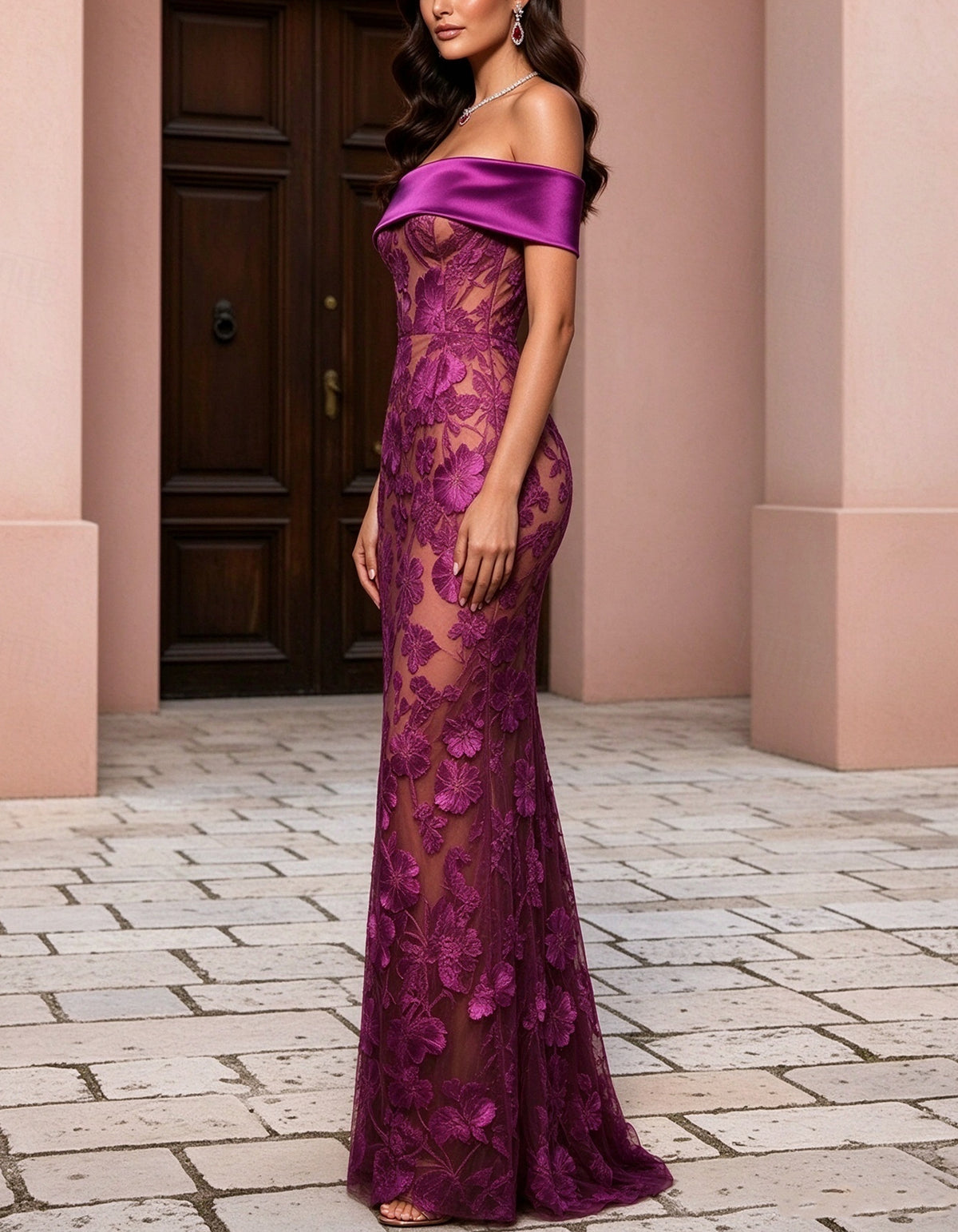 Solid Color Off Shoulder Lace Mesh Design Maxi Dress