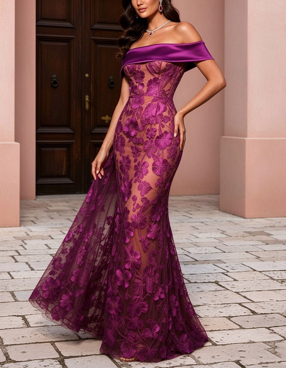 Solid Color Off Shoulder Lace Mesh Design Maxi Dress