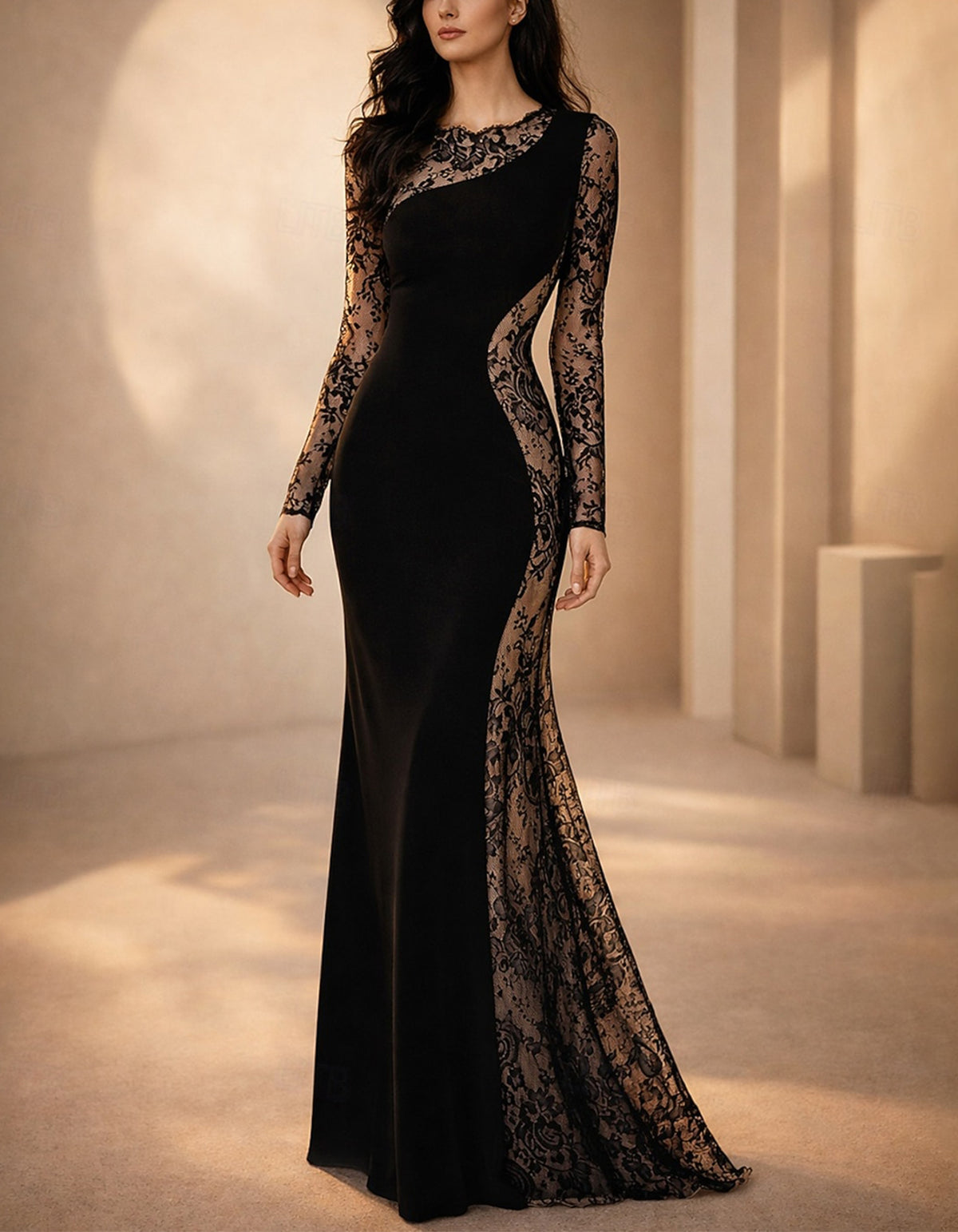 Black Lace Floor Length Mermaid Maxi Dress