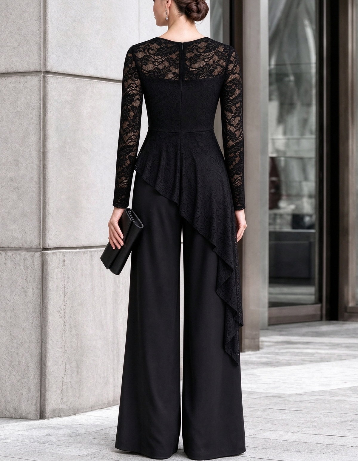 Black Lace Asymmetrical Peplum Wide Leg Jumpsuit
