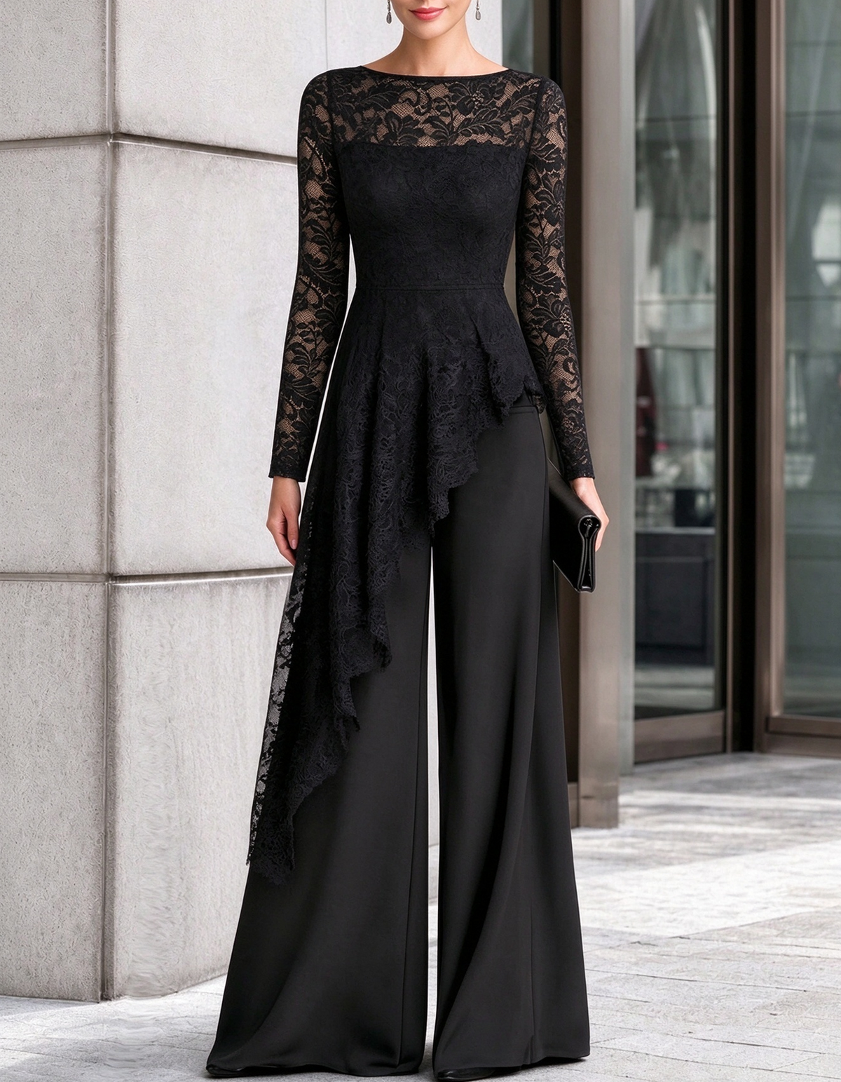 Black Lace Asymmetrical Peplum Wide Leg Jumpsuit