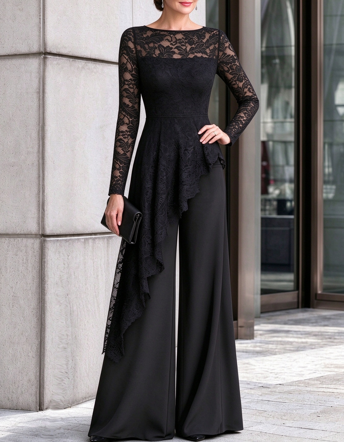 Black Lace Asymmetrical Peplum Wide Leg Jumpsuit