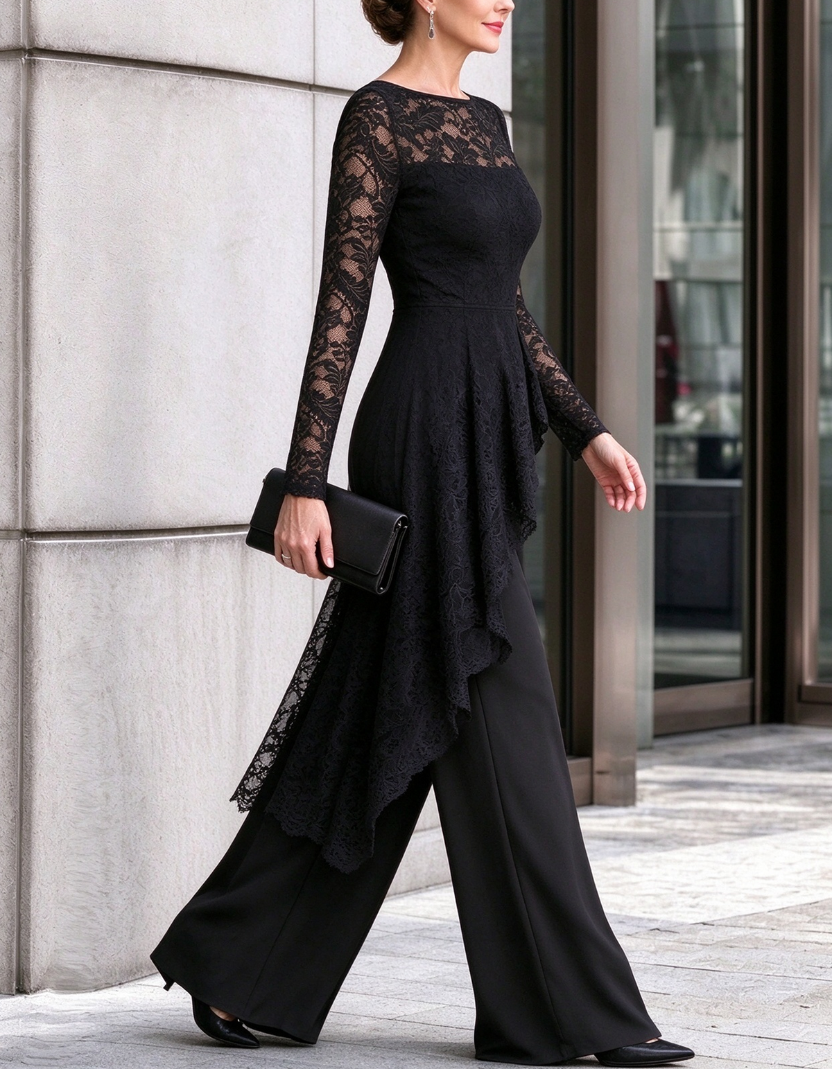 Black Lace Asymmetrical Peplum Wide Leg Jumpsuit