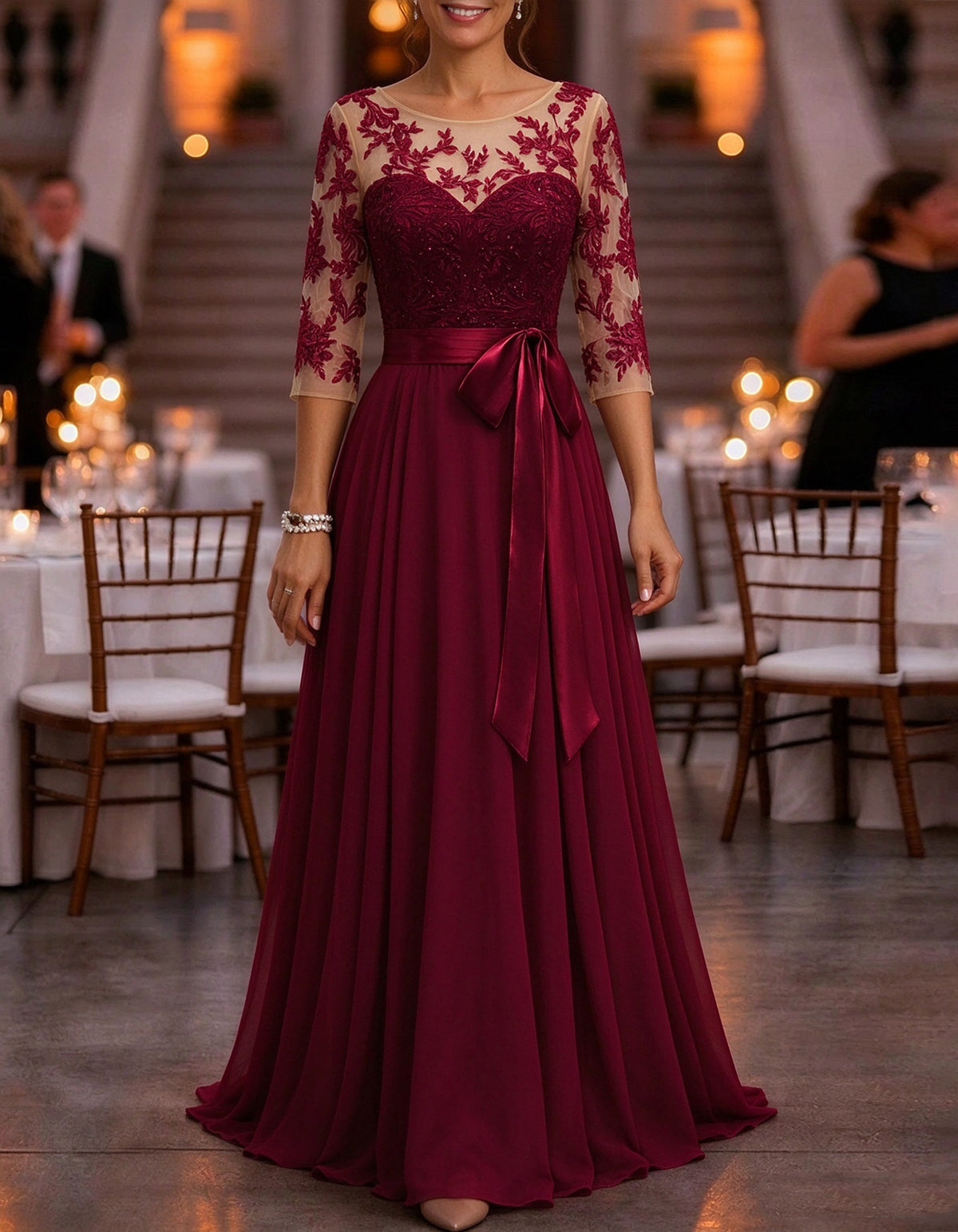 Burgundy Floral Lace Appliqué Maxi Dress