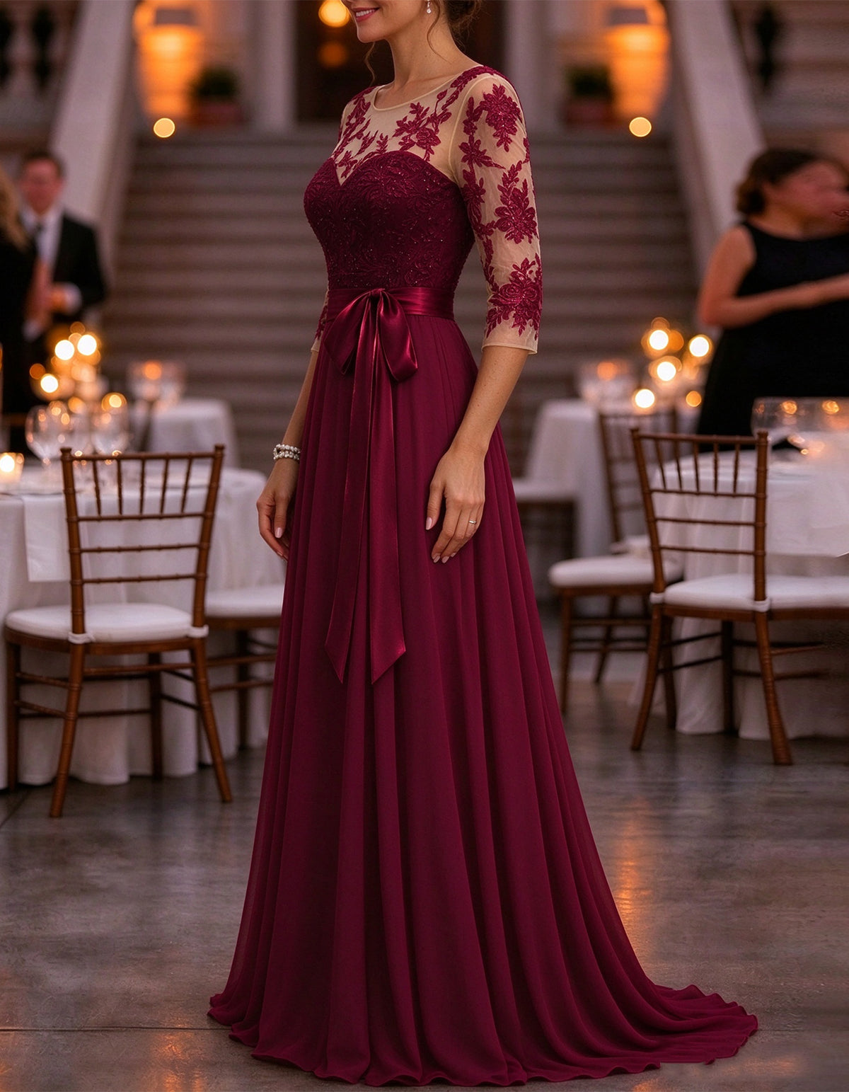Burgundy Floral Lace Appliqué Maxi Dress