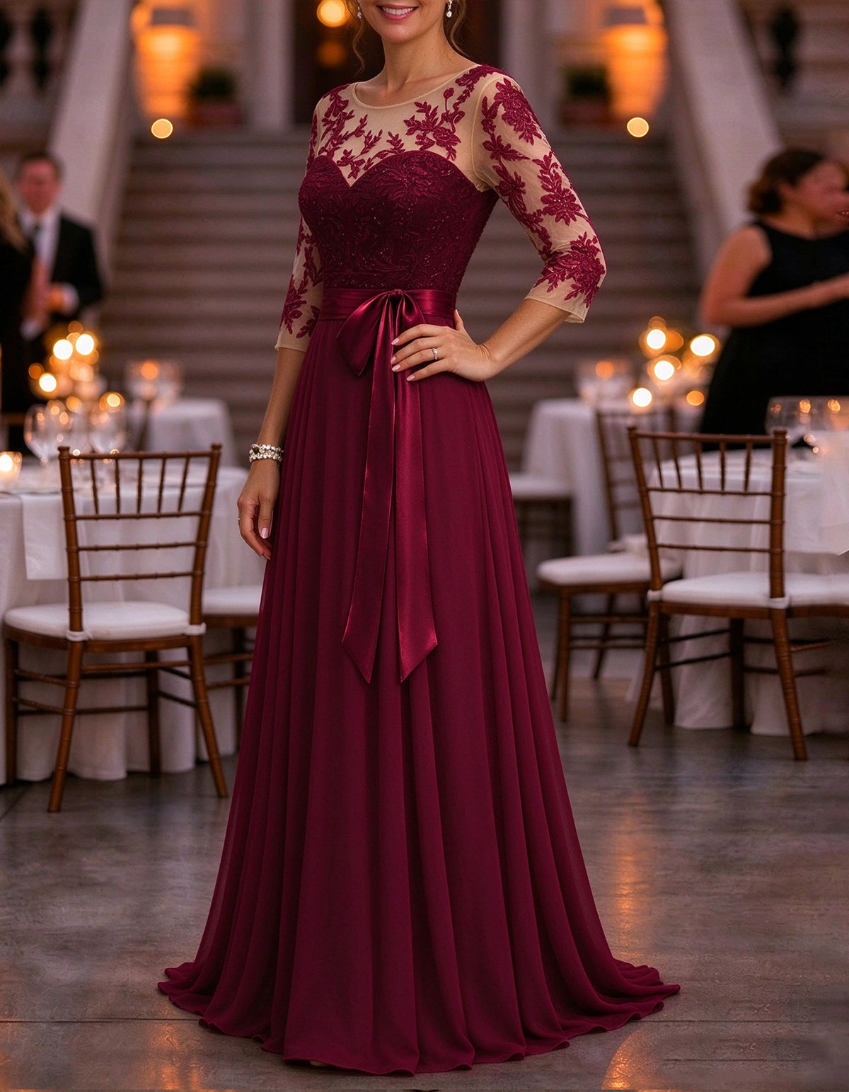 Burgundy Floral Lace Appliqué Maxi Dress