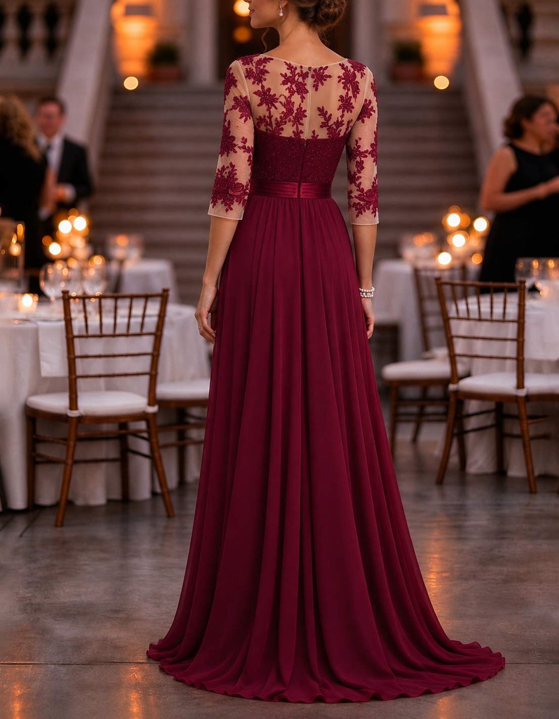 Burgundy Floral Lace Appliqué Maxi Dress