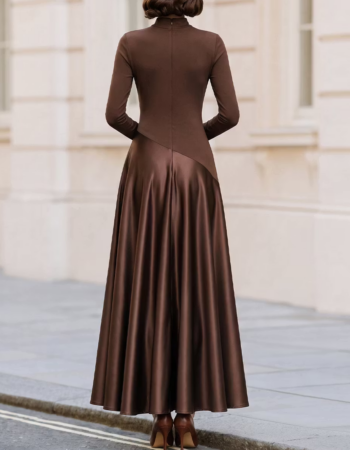 Mock Neck Long Sleeve Satin Maxi Dress