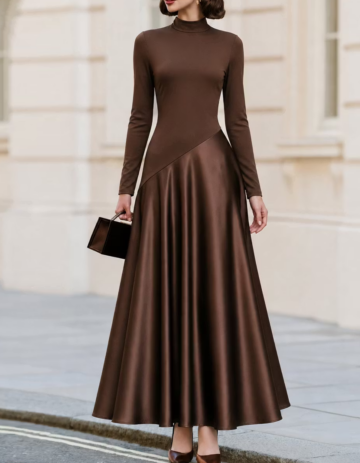 Mock Neck Long Sleeve Satin Maxi Dress