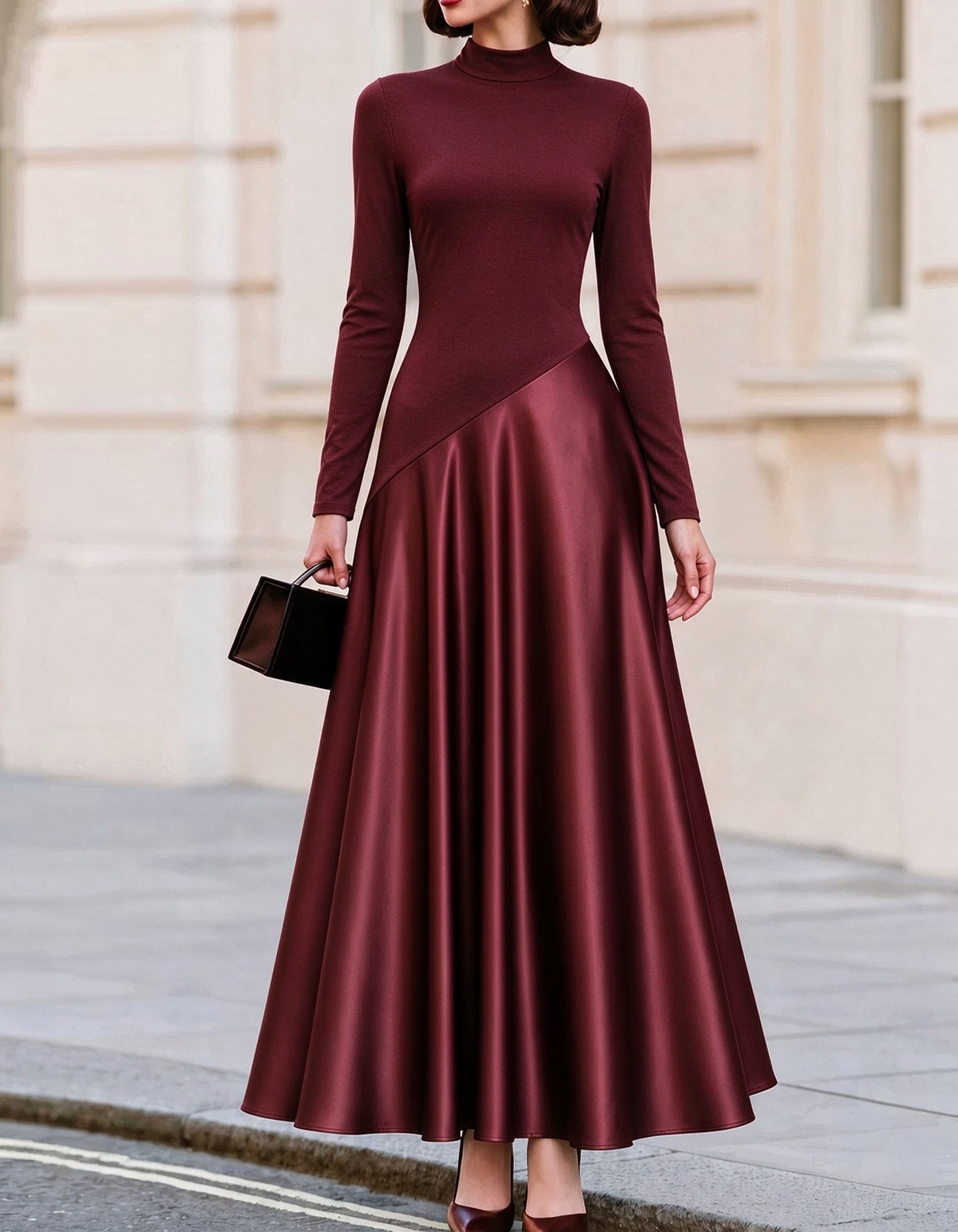 Mock Neck Long Sleeve Satin Maxi Dress