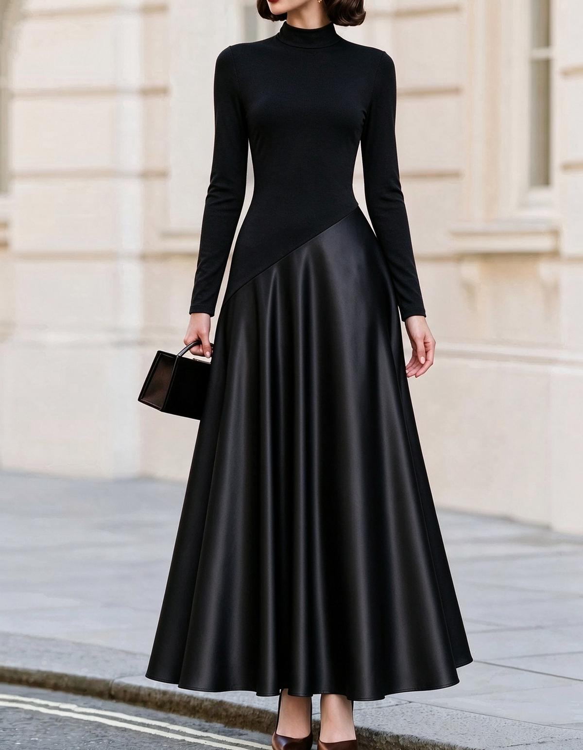 Mock Neck Long Sleeve Satin Maxi Dress