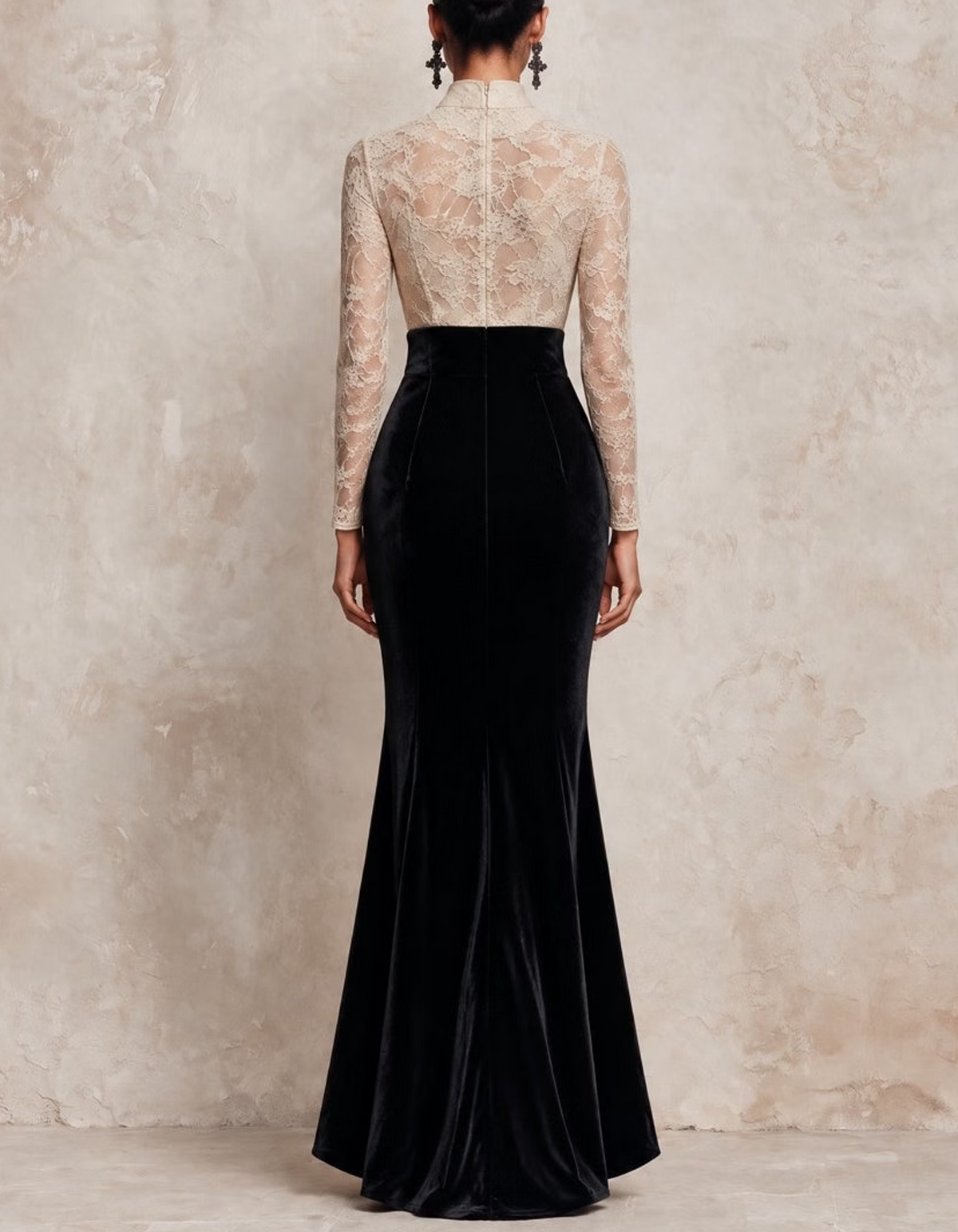 Mandarin Collar Lace Velvet Splice Mermaid Slit Maxi Dress